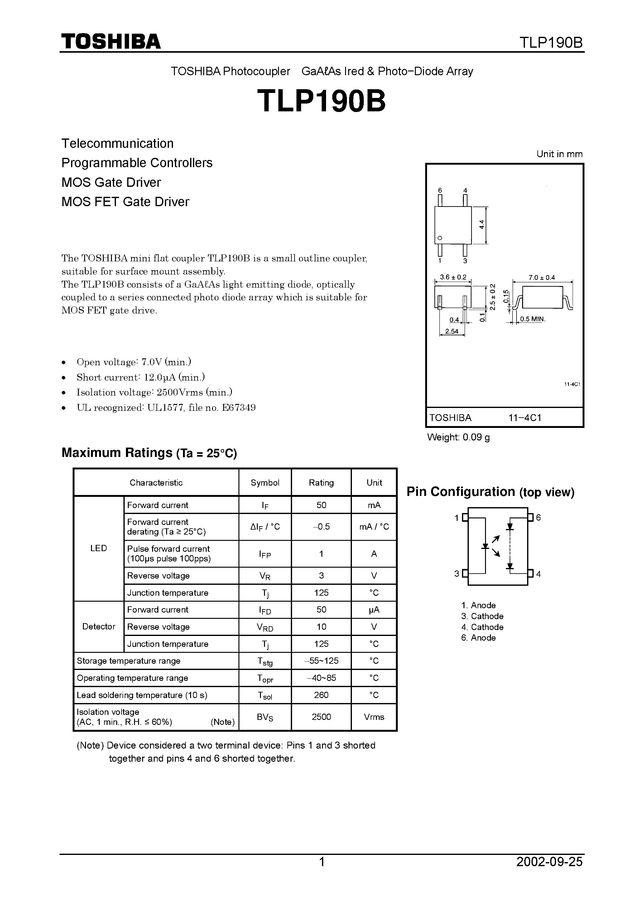 Datasheet TLP190B - TOSHIBA Photocoupler GaAAs Ired & Photo&#8722;Diode Array page 1