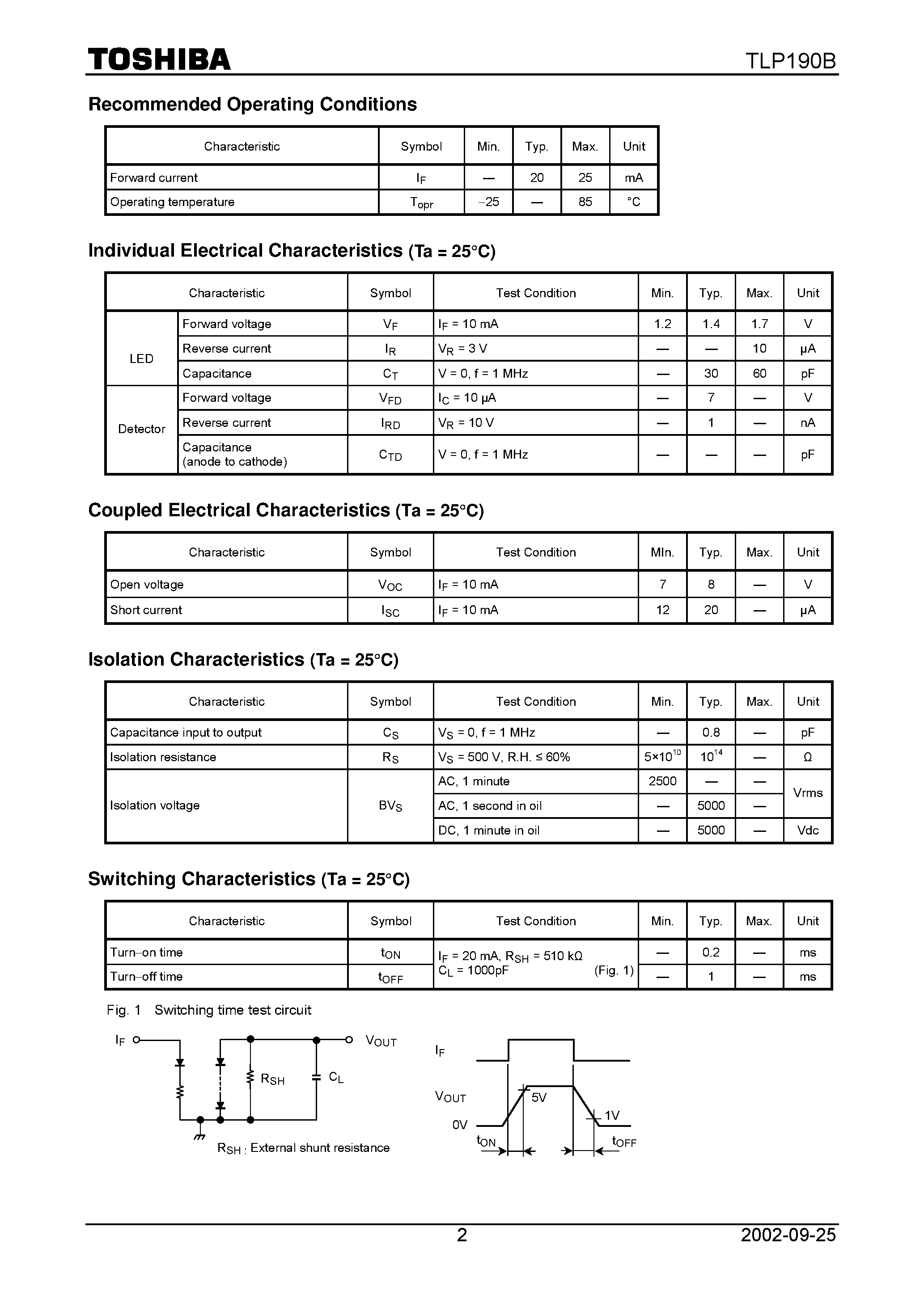 Datasheet TLP190B - TOSHIBA Photocoupler GaAAs Ired & Photo&#8722;Diode Array page 2