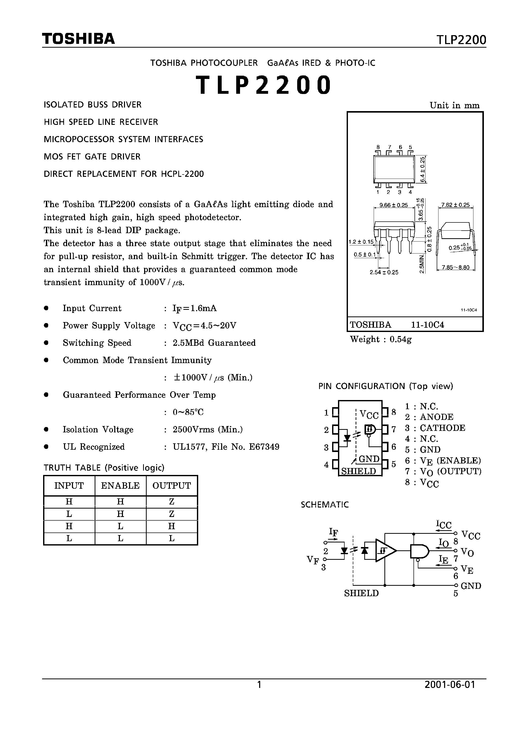 Datasheet TLP2200 page 1 Datasheet TLP2200 - isolated buss driver high speed line receiver page 1