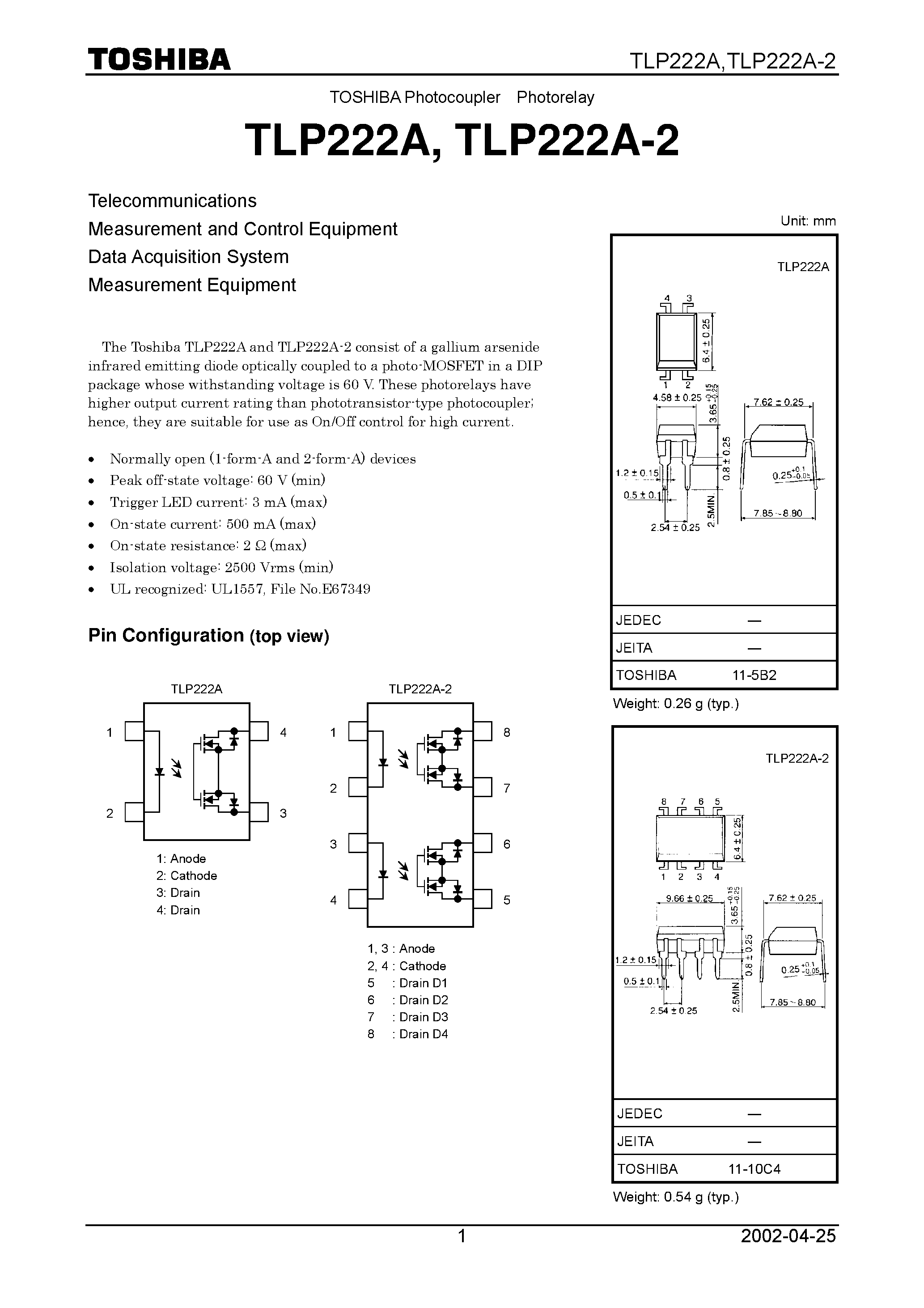 Datasheet TLP222A page 1 Datasheet TLP222A - TOSHIBA Photocoupler Photorelay page 1