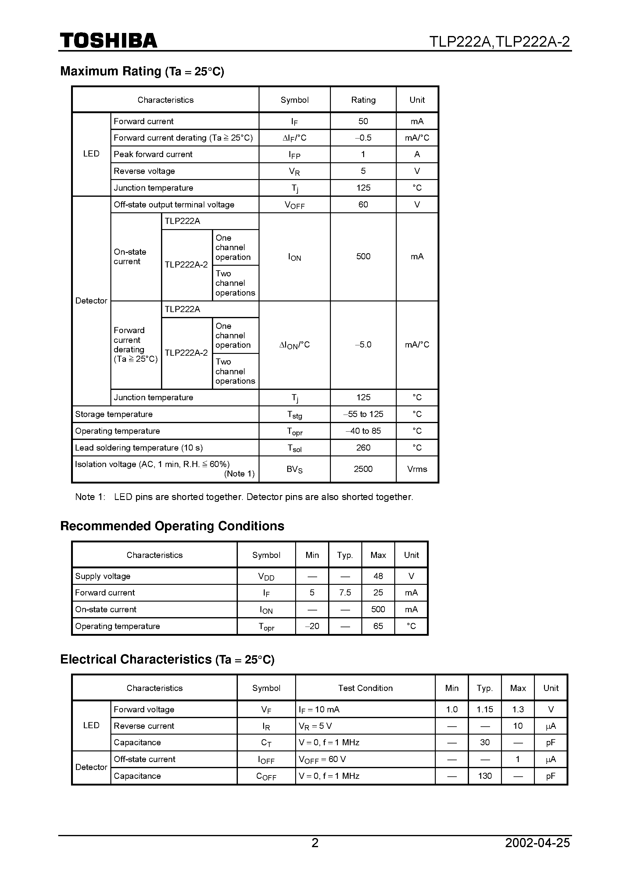 Datasheet TLP222A page 2 Datasheet TLP222A - TOSHIBA Photocoupler Photorelay page 2