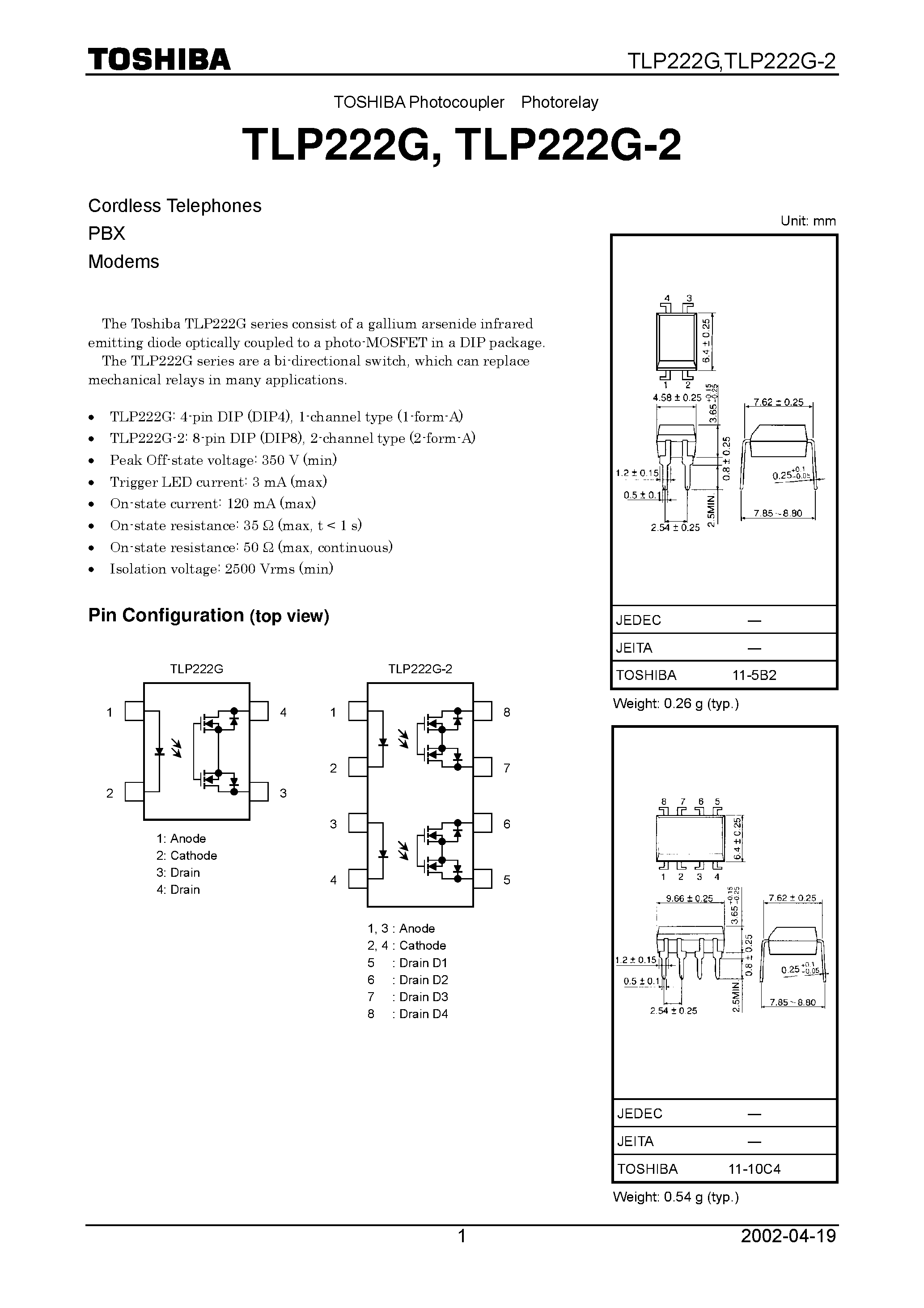 Datasheet TLP222G-2 page 1 Datasheet TLP222G-2 - Cordless Telephones PBX Modems page 1