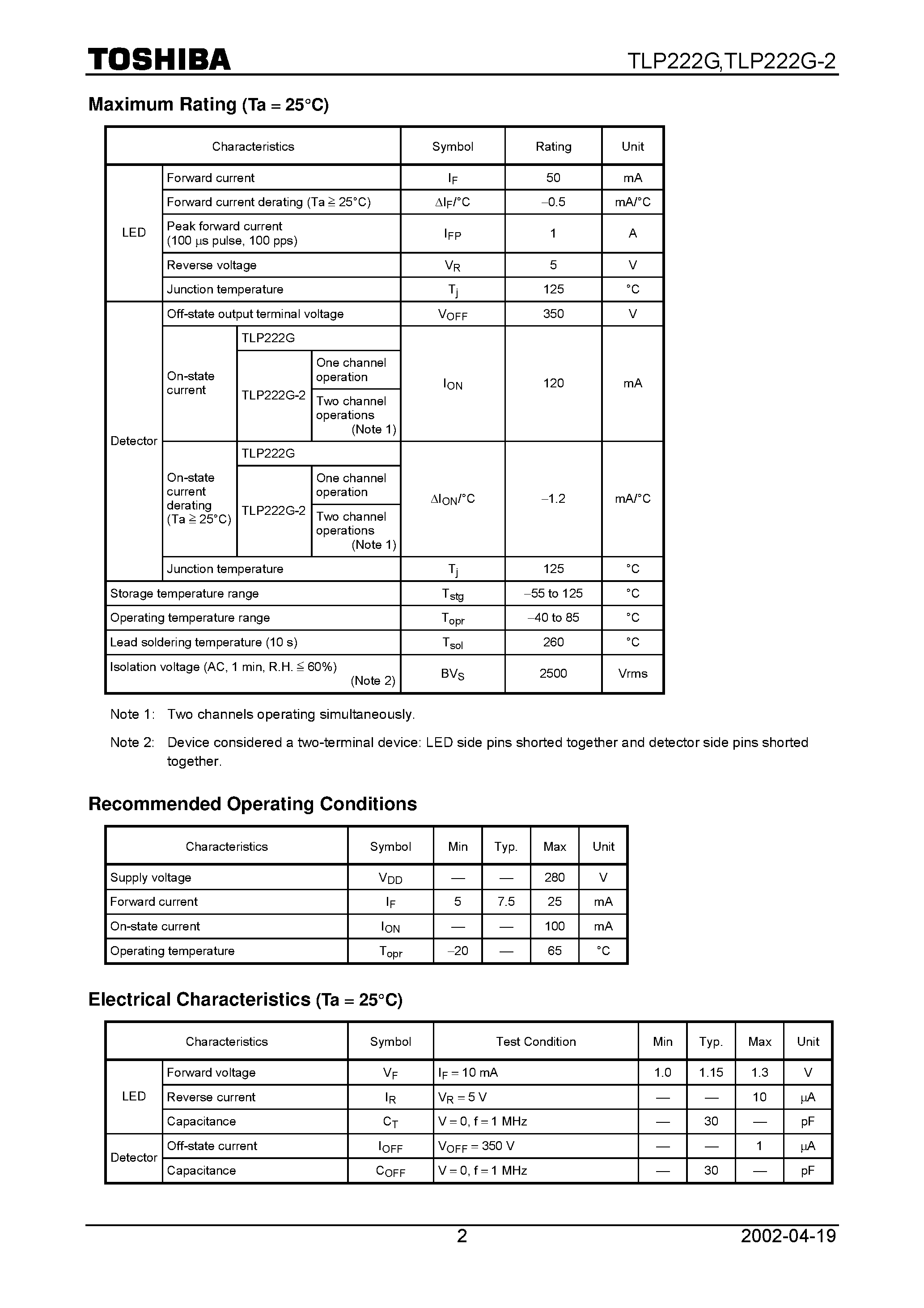 Datasheet TLP222G-2 page 2 Datasheet TLP222G-2 - Cordless Telephones PBX Modems page 2