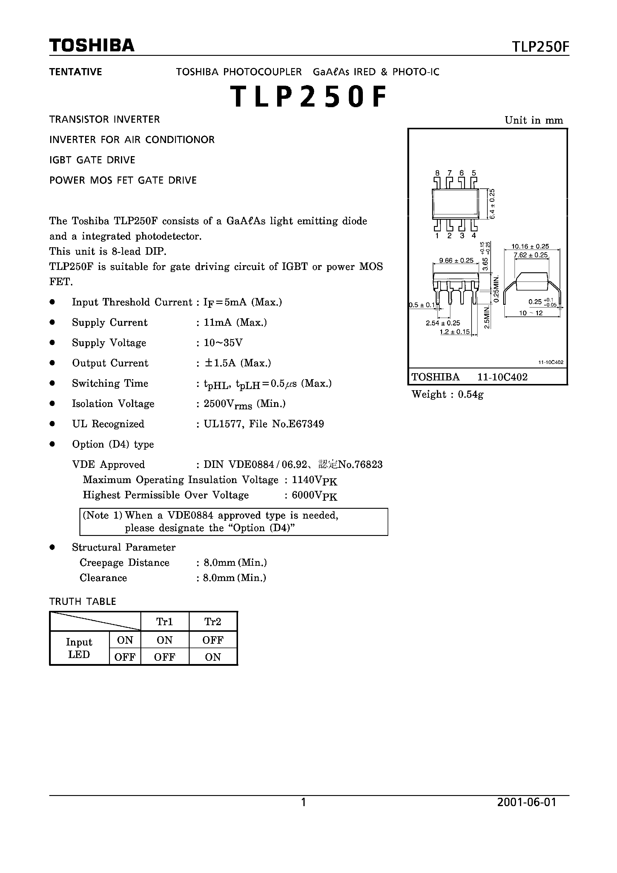 Datasheet TLP250F page 1 Datasheet TLP250F - TRANSISTOR INVERTER FOR AIR CONDITIONOR IGBT GATE DRIVE POWER MOS FET GATE DRIVE page 1