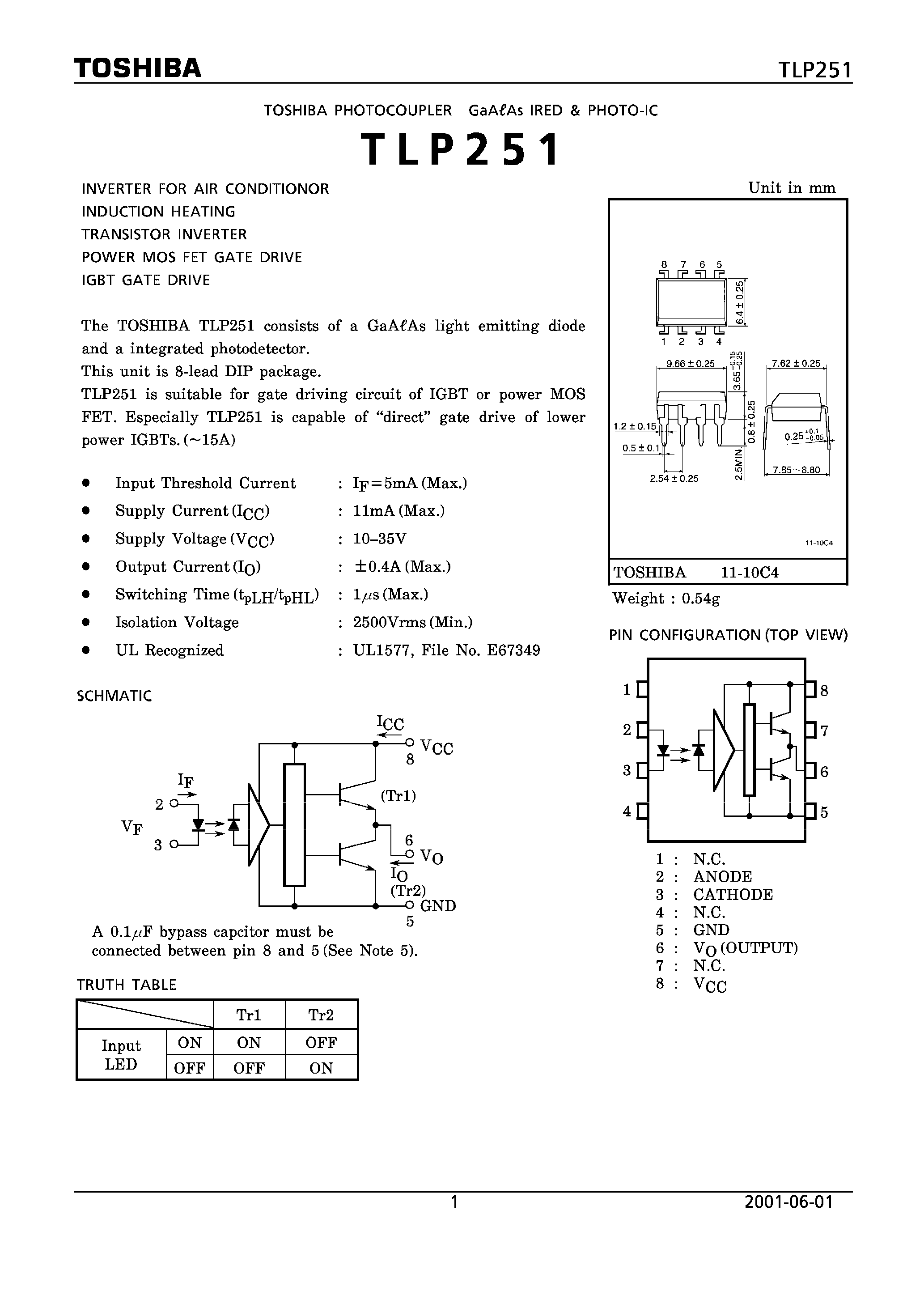Datasheet TLP251 page 1 Datasheet TLP251 - INVERTER FOR AIR CONDITIONOR INDUCTION HEATING page 1