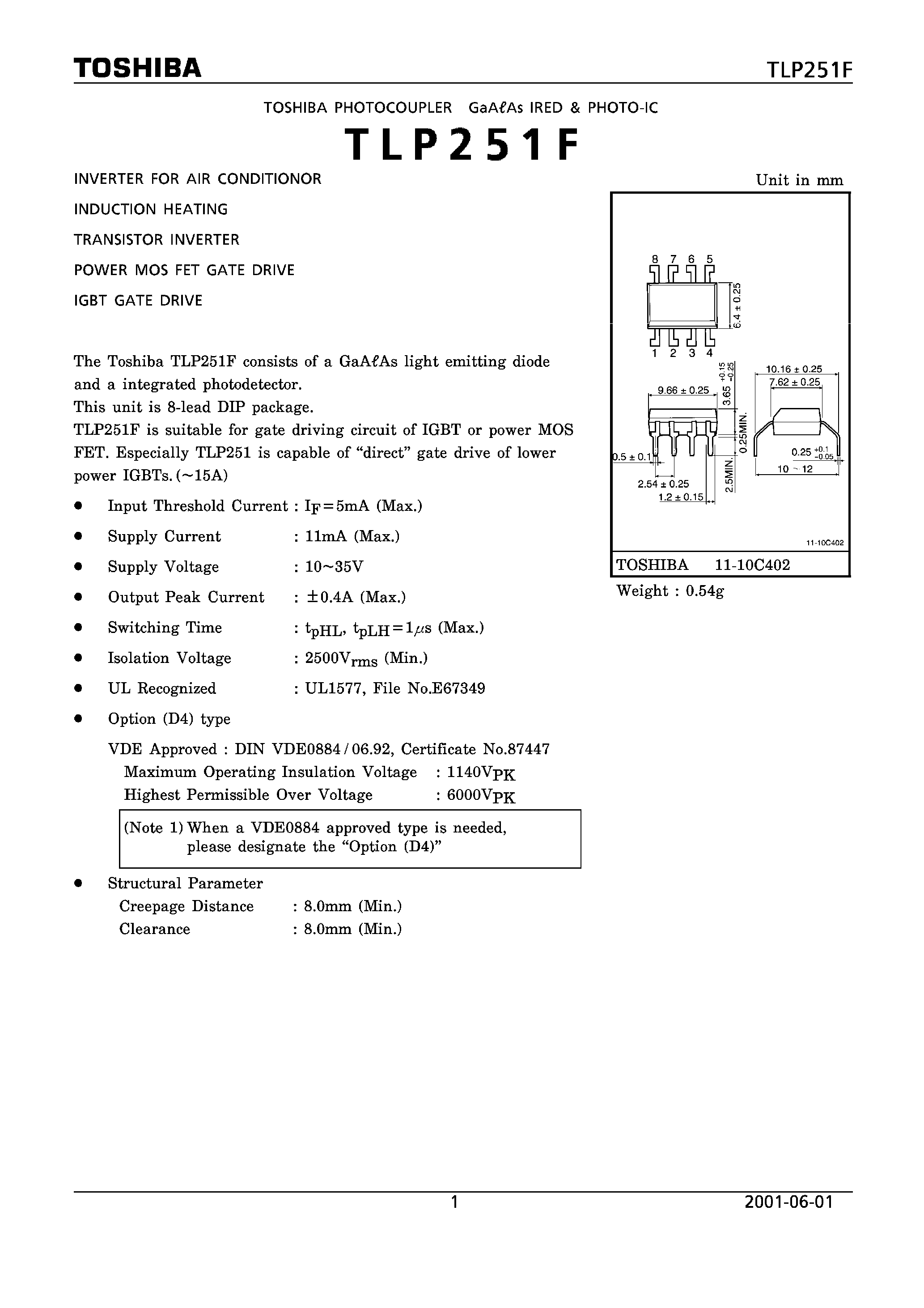 Datasheet TLP251F - INVERTER FOR AIR CONDITIONOR INDUCTION HEATING page 1