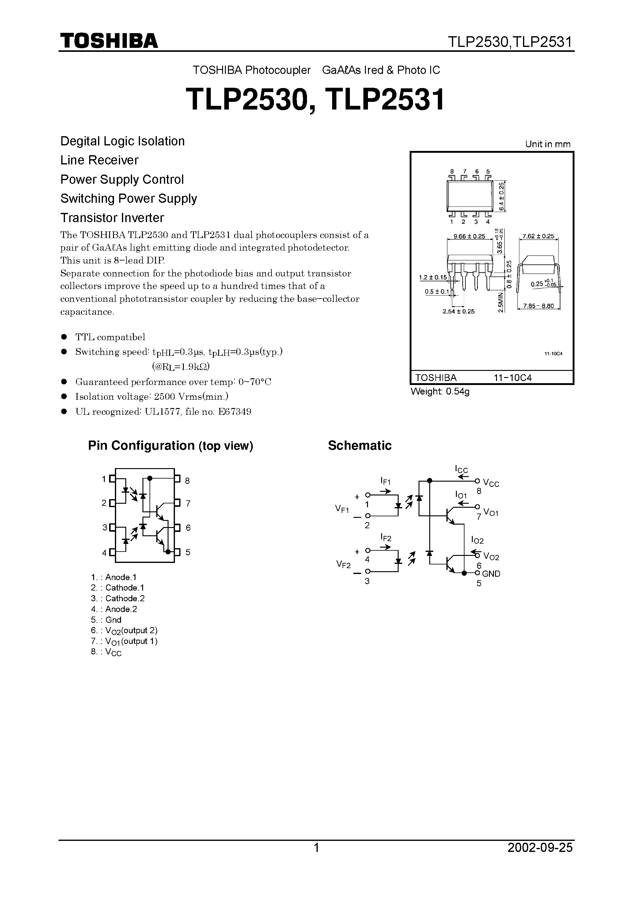 Datasheet TLP2530 page 1 Datasheet TLP2530 - TOSHIBA Photocoupler GaAAs Ired & Photo IC page 1