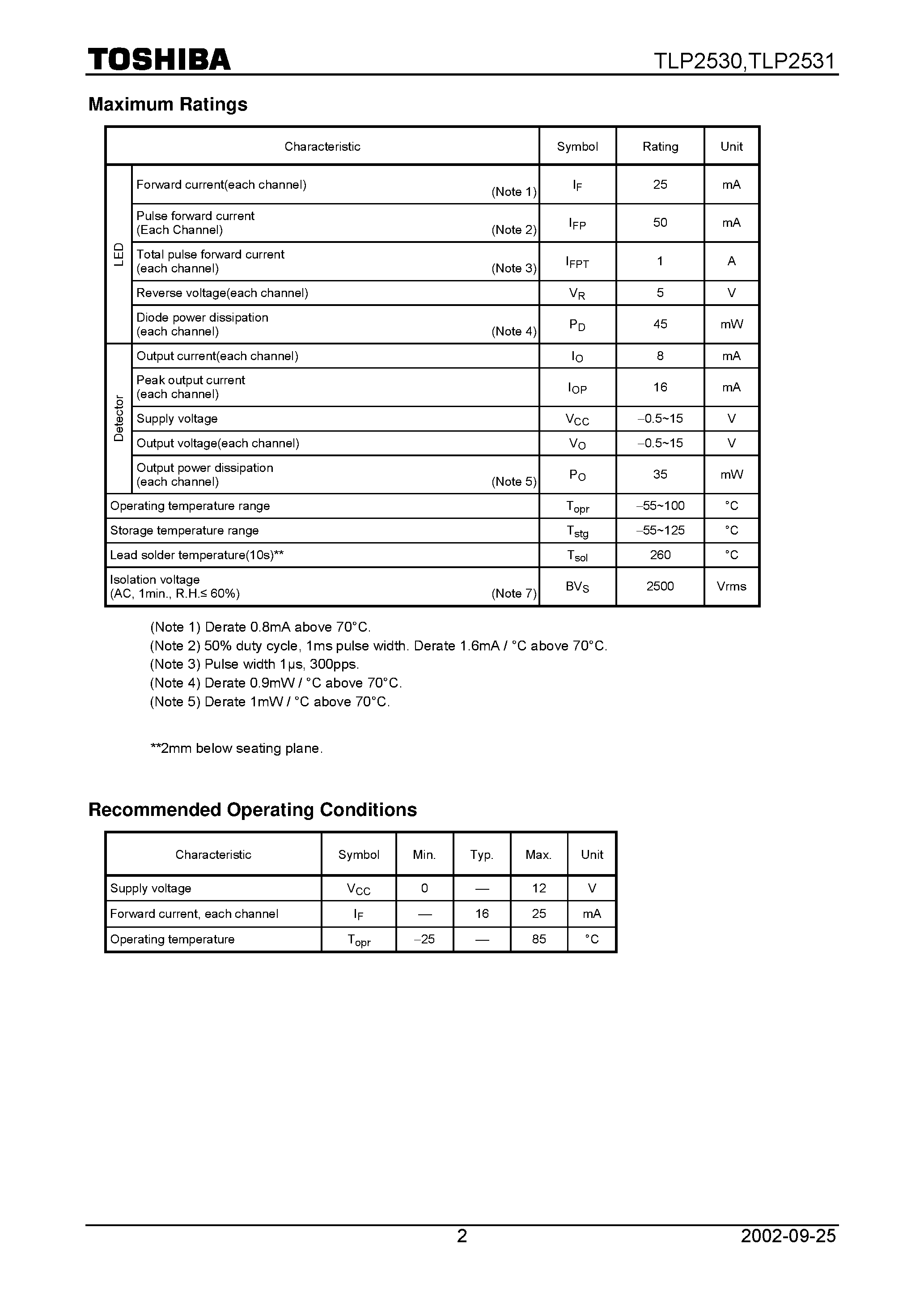 Datasheet TLP2530 page 2 Datasheet TLP2530 - TOSHIBA Photocoupler GaAAs Ired & Photo IC page 2