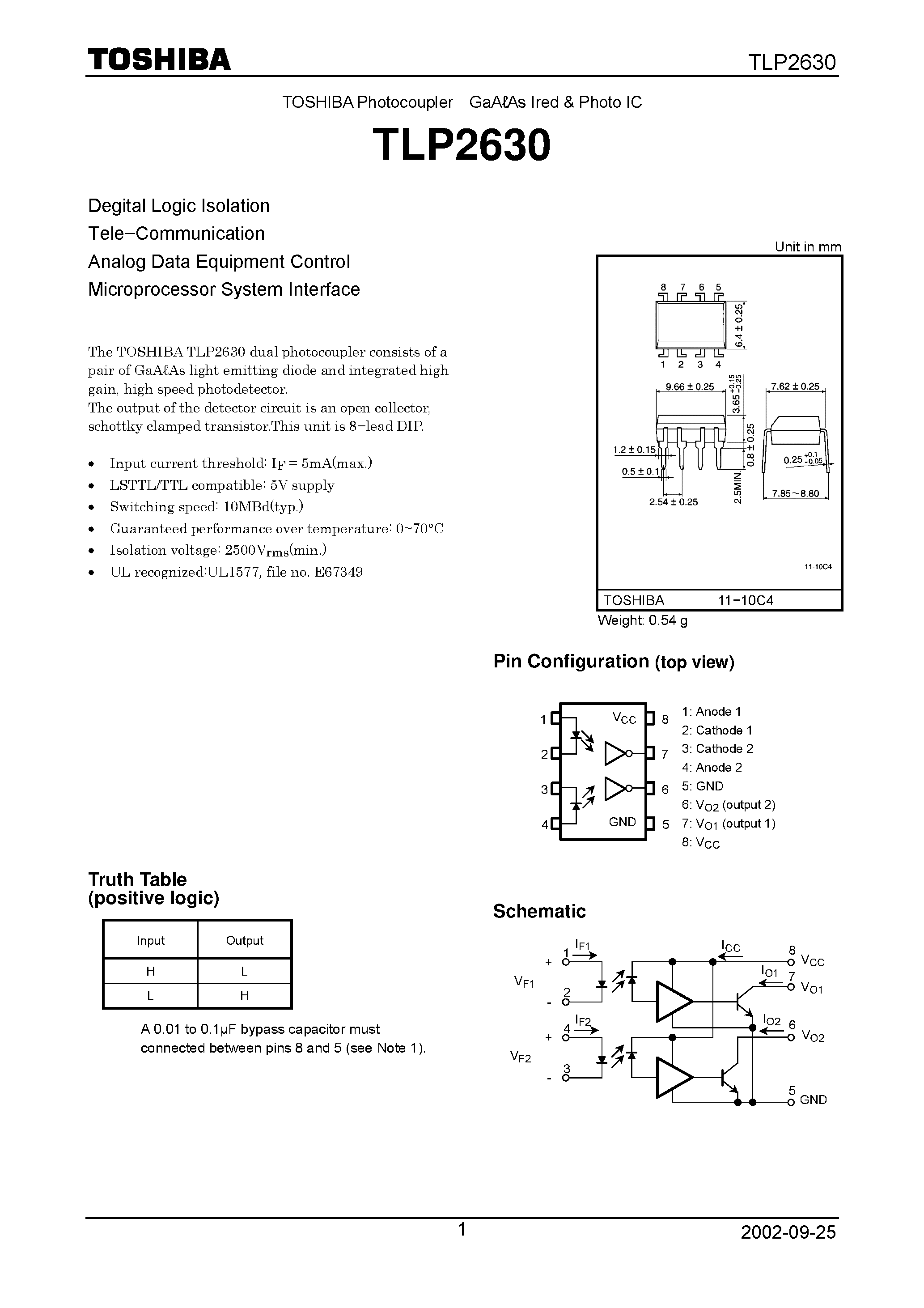 Datasheet TLP2630 page 1 Datasheet TLP2630 - Degital Logic Isolation Tele.Communication Analog Data Equipment Control Microprocessor System Interface page 1