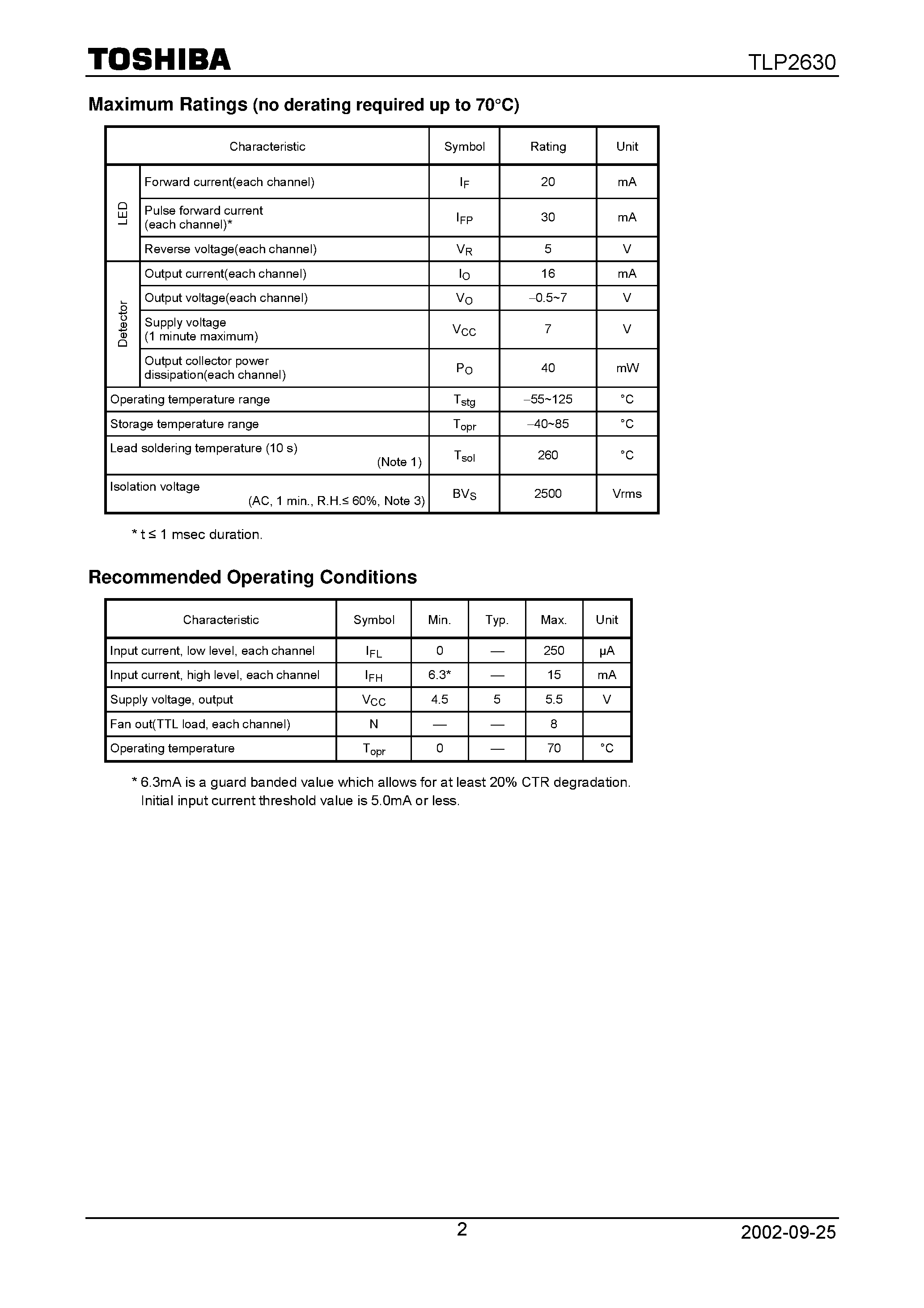 Datasheet TLP2630 page 2 Datasheet TLP2630 - Degital Logic Isolation Tele.Communication Analog Data Equipment Control Microprocessor System Interface page 2