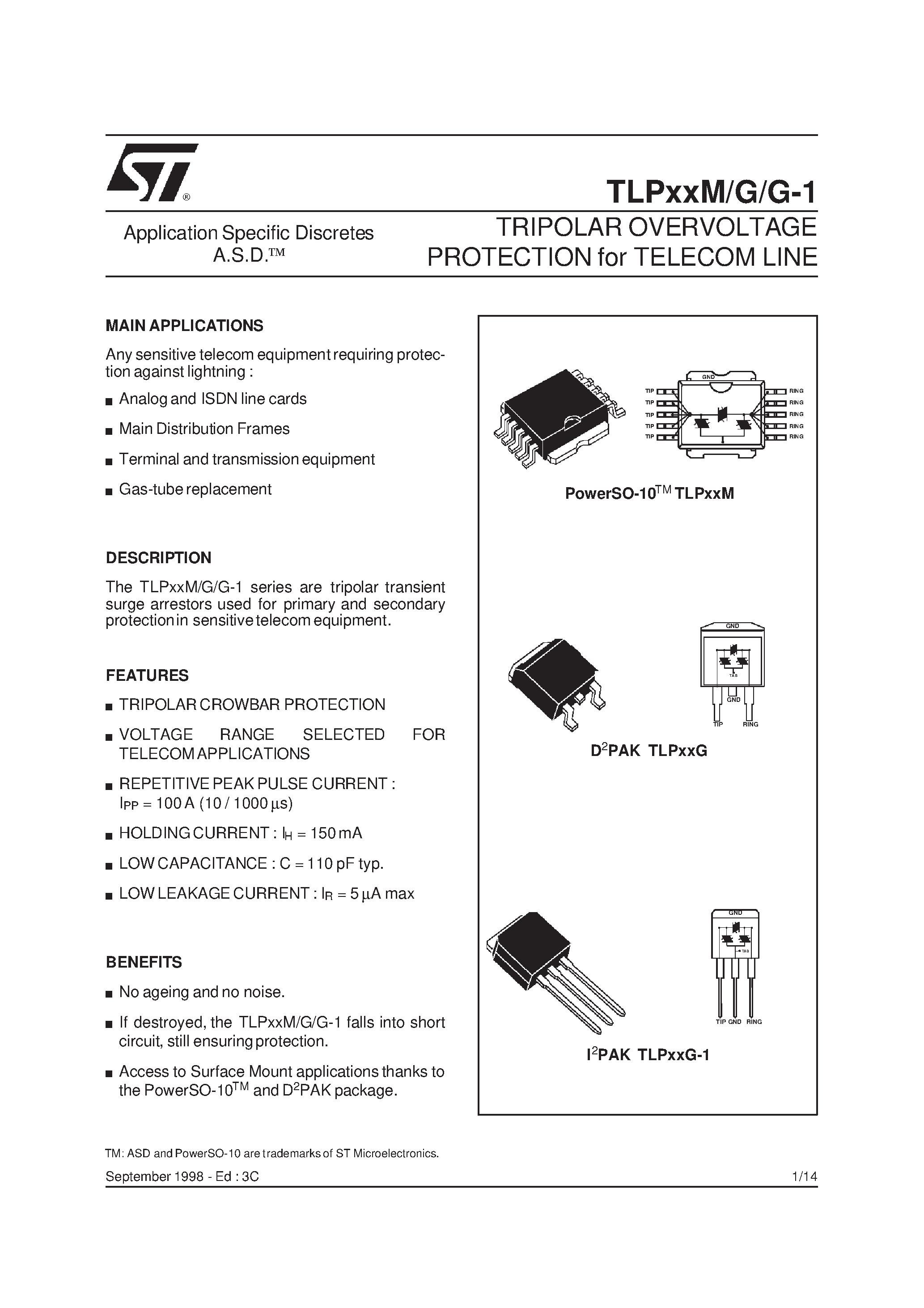 Datasheet TLP270M page 1 Datasheet TLP270M - TRIPOLAR OVERVOLTAGE PROTECTION for TELECOM LINE page 1