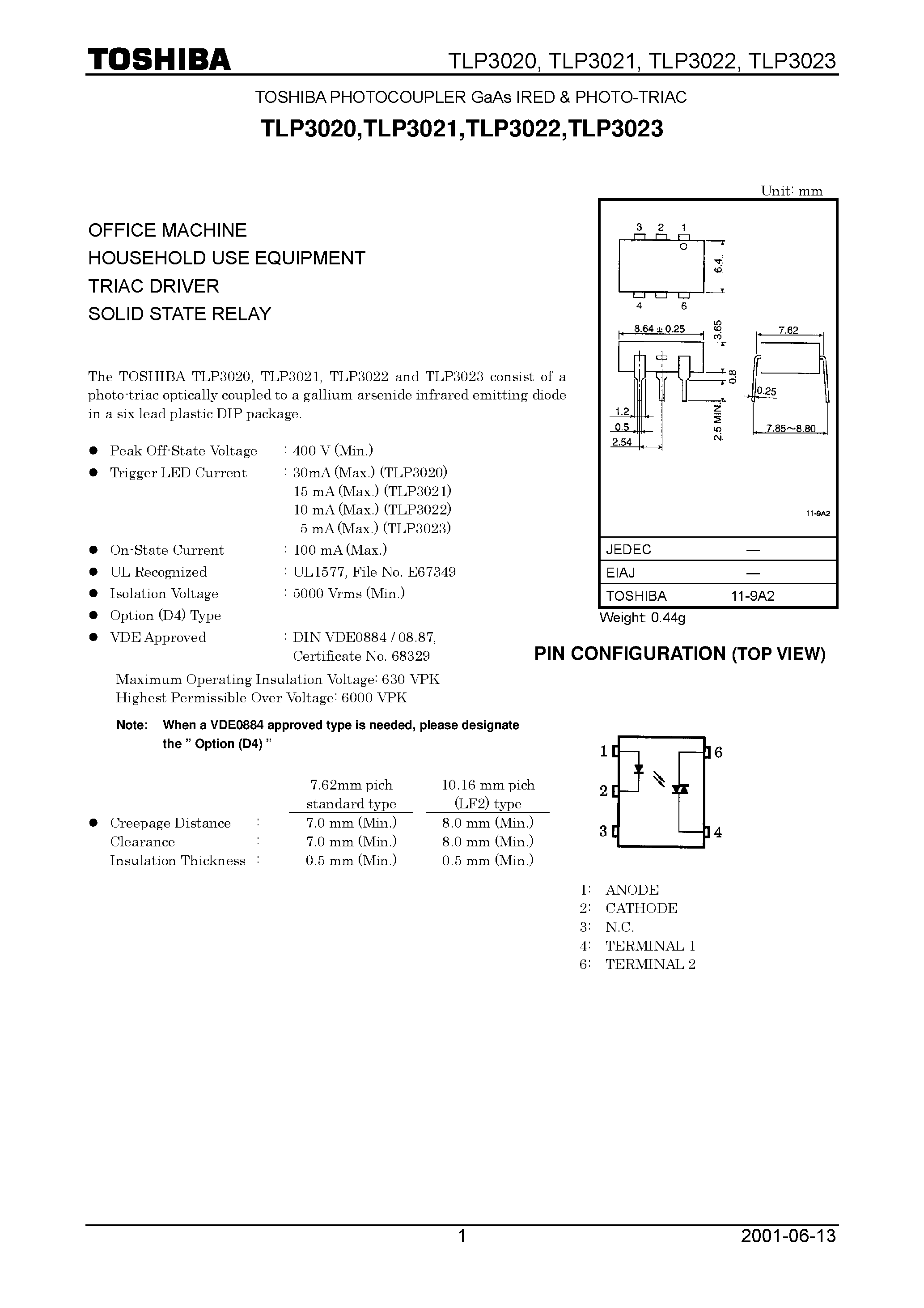 Datasheet TLP3021 page 1 Datasheet TLP3021 - TOSHIBA PHOTOCOUPLER GaAs IRED & PHOTO-TRIAC page 1