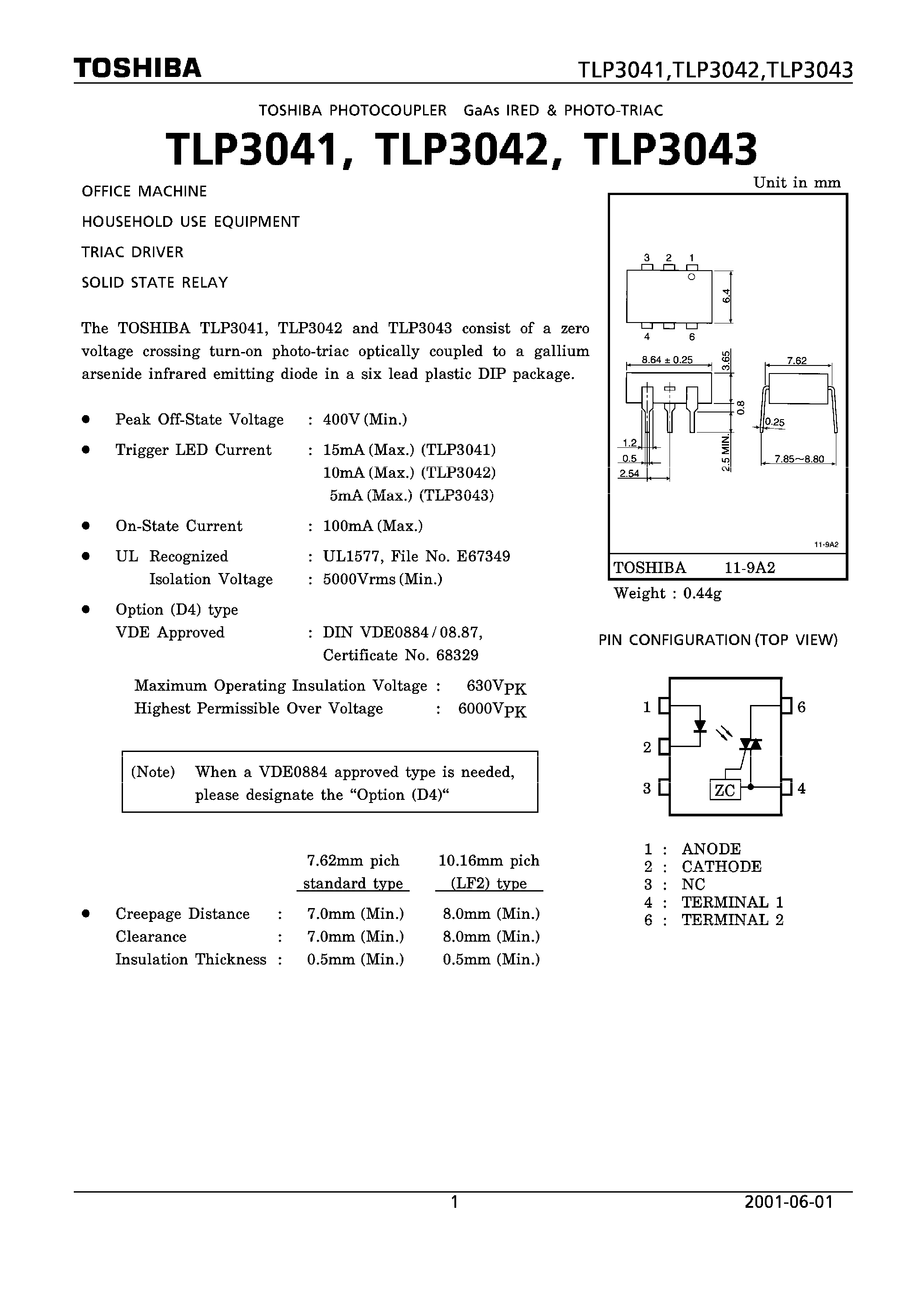 Datasheet TLP3043 page 1 Datasheet TLP3043 - office machine houselold use equipment page 1