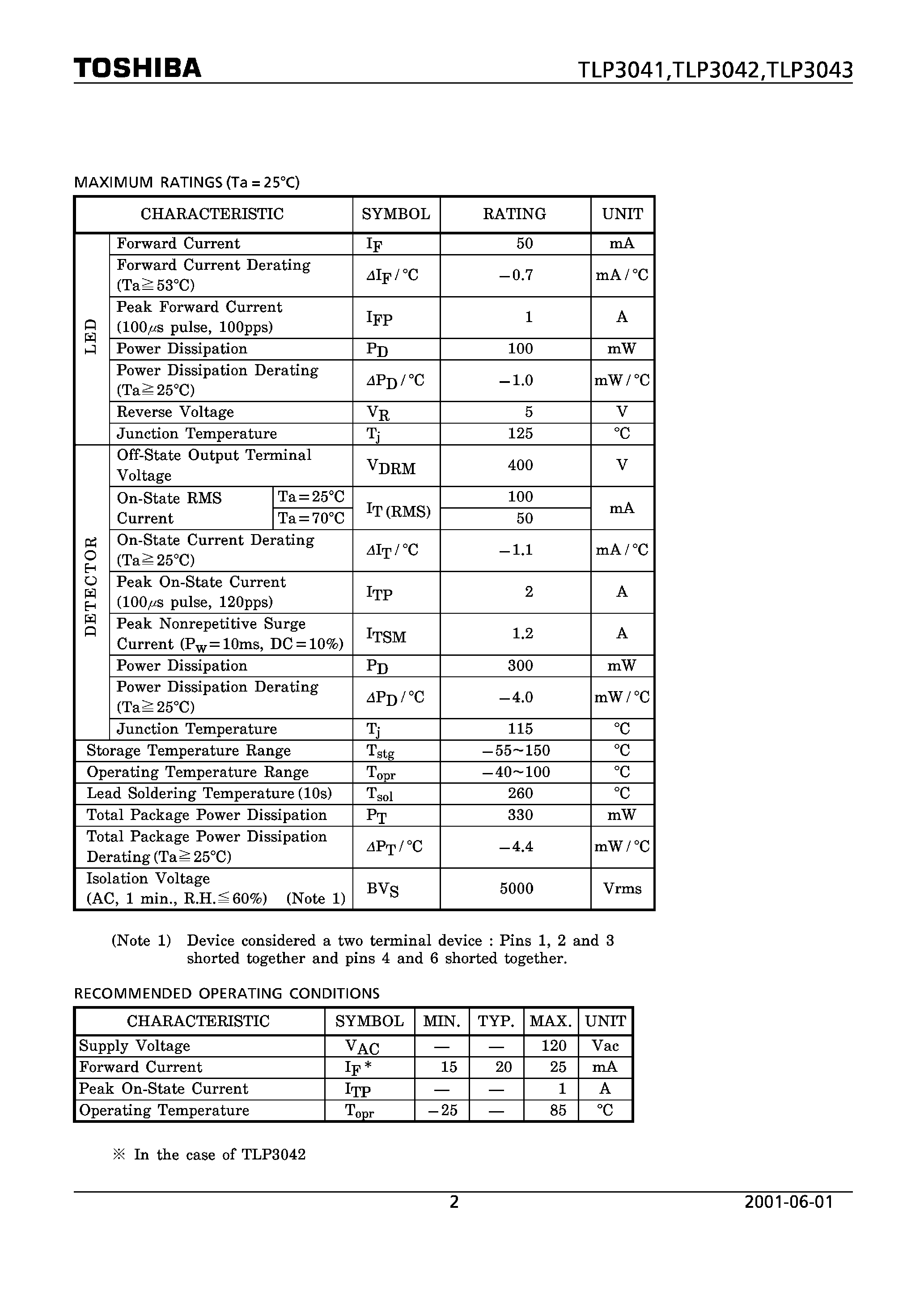 Datasheet TLP3043 page 2 Datasheet TLP3043 - office machine houselold use equipment page 2