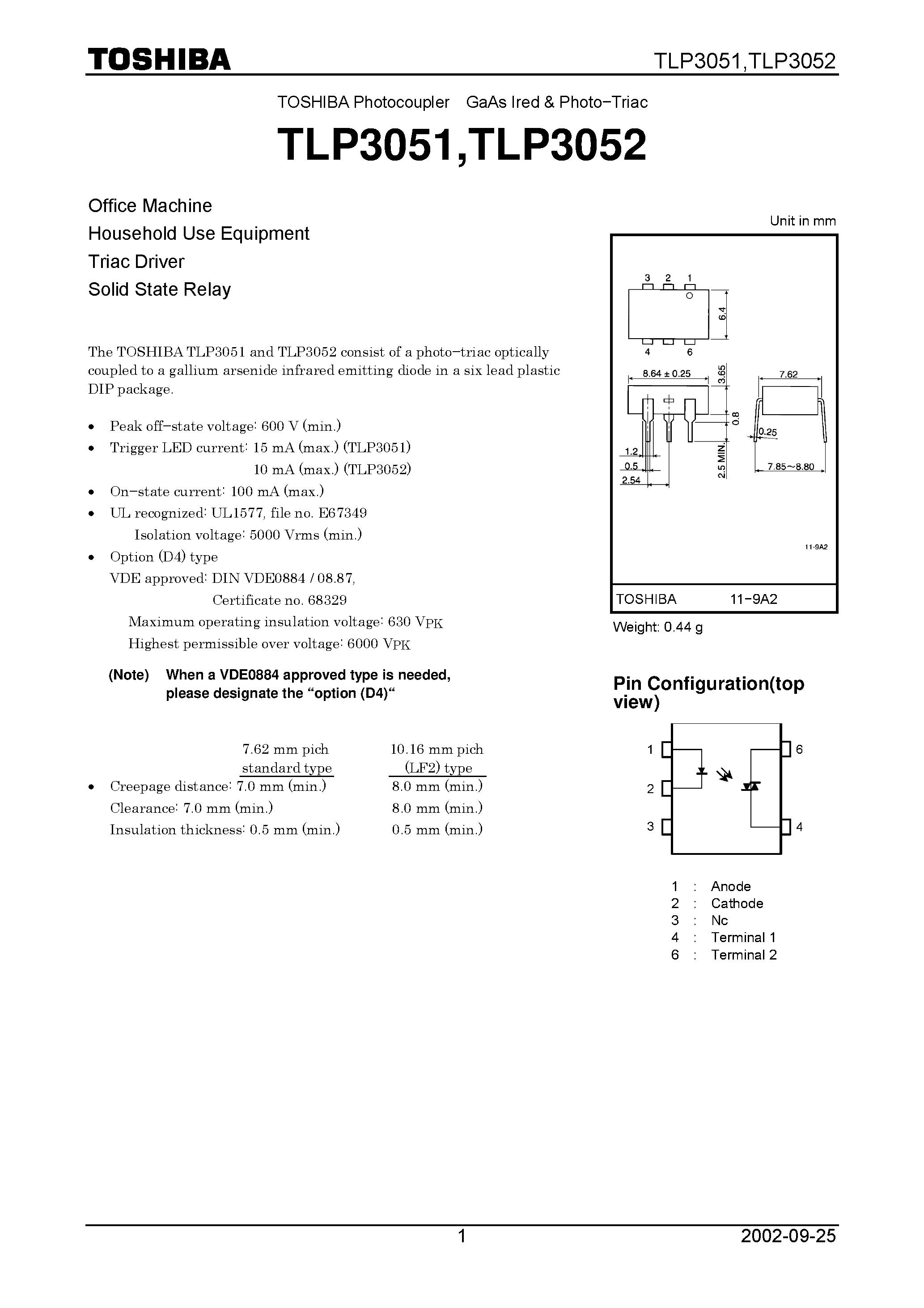 Datasheet TLP3051 page 1 Datasheet TLP3051 - Office Machine Household Use Equipment Triac Driver Solid State Relay page 1