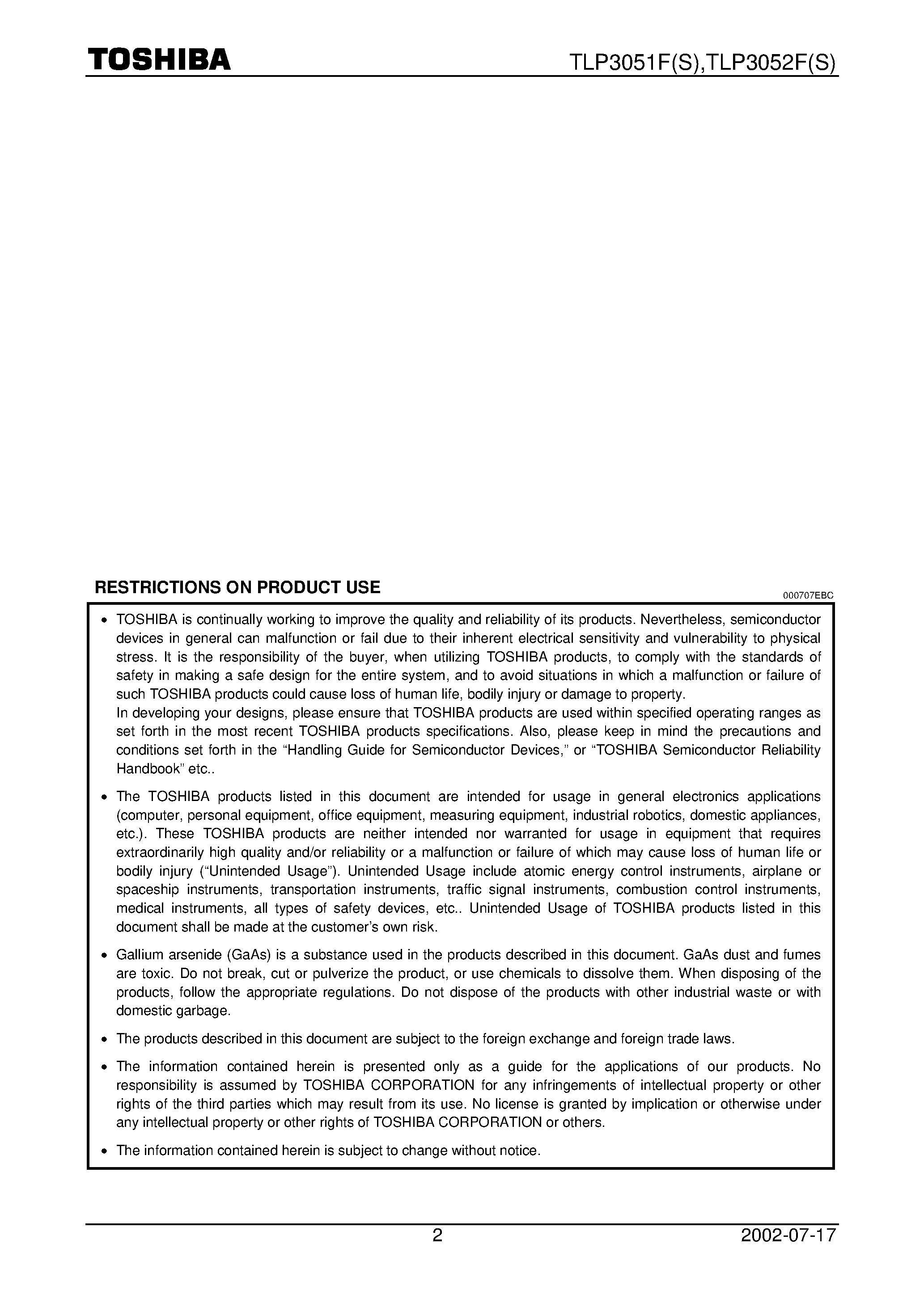 Datasheet TLP3052F - OFFICE MACHINE HOUSEHOLD USE EQUIPMENT TRIAC DRIVERSOLID STATE RELAY page 2