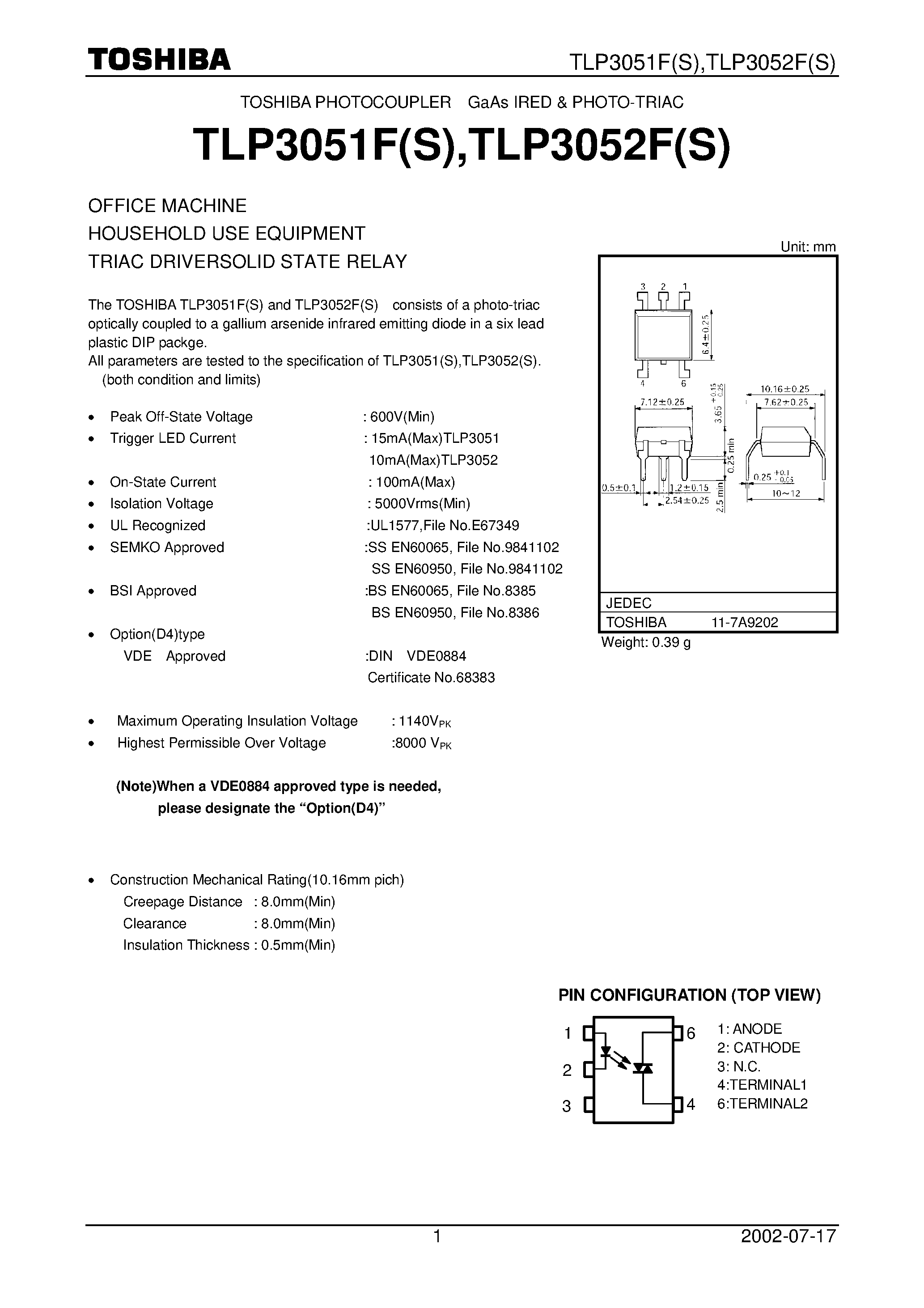 Datasheet TLP3052F(S) - OFFICE MACHINE HOUSEHOLD USE EQUIPMENT TRIAC DRIVERSOLID STATE RELAY page 1