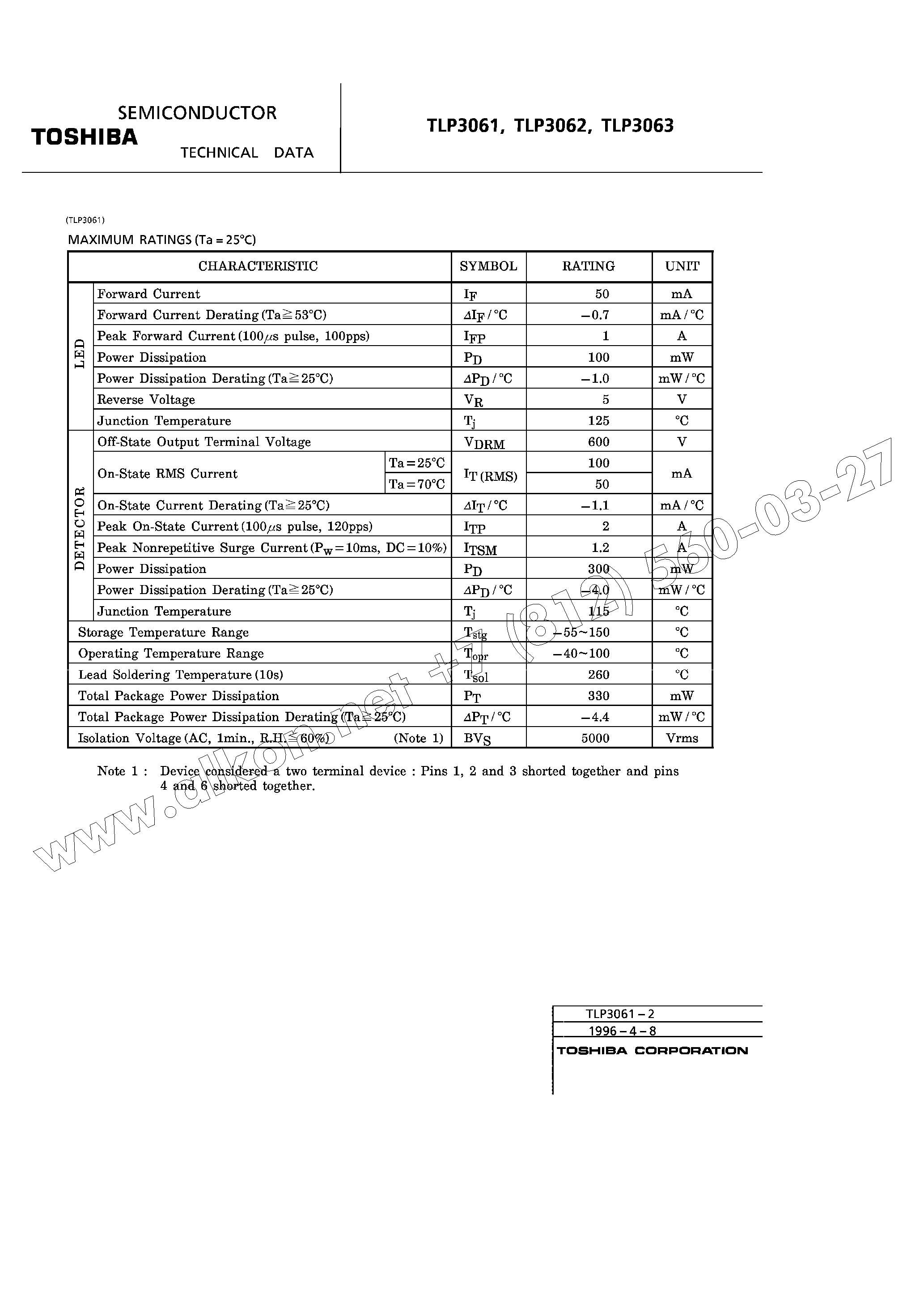 Даташит на микросхему TLP3062 страница 2 Даташит TLP3062 - office machine household use equipment страница 2
