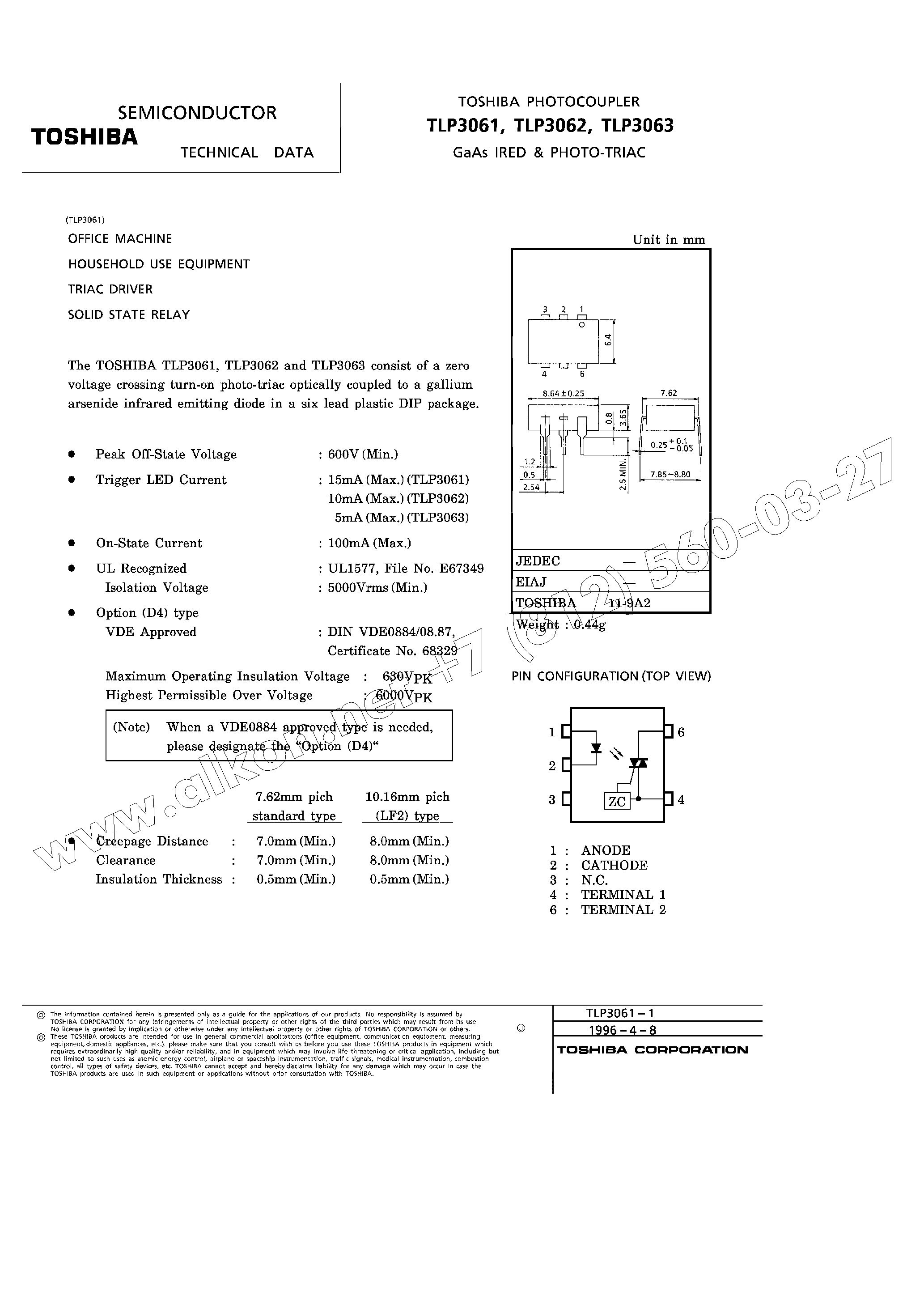Даташит TLP3063 - office machine household use equipment страница 1
