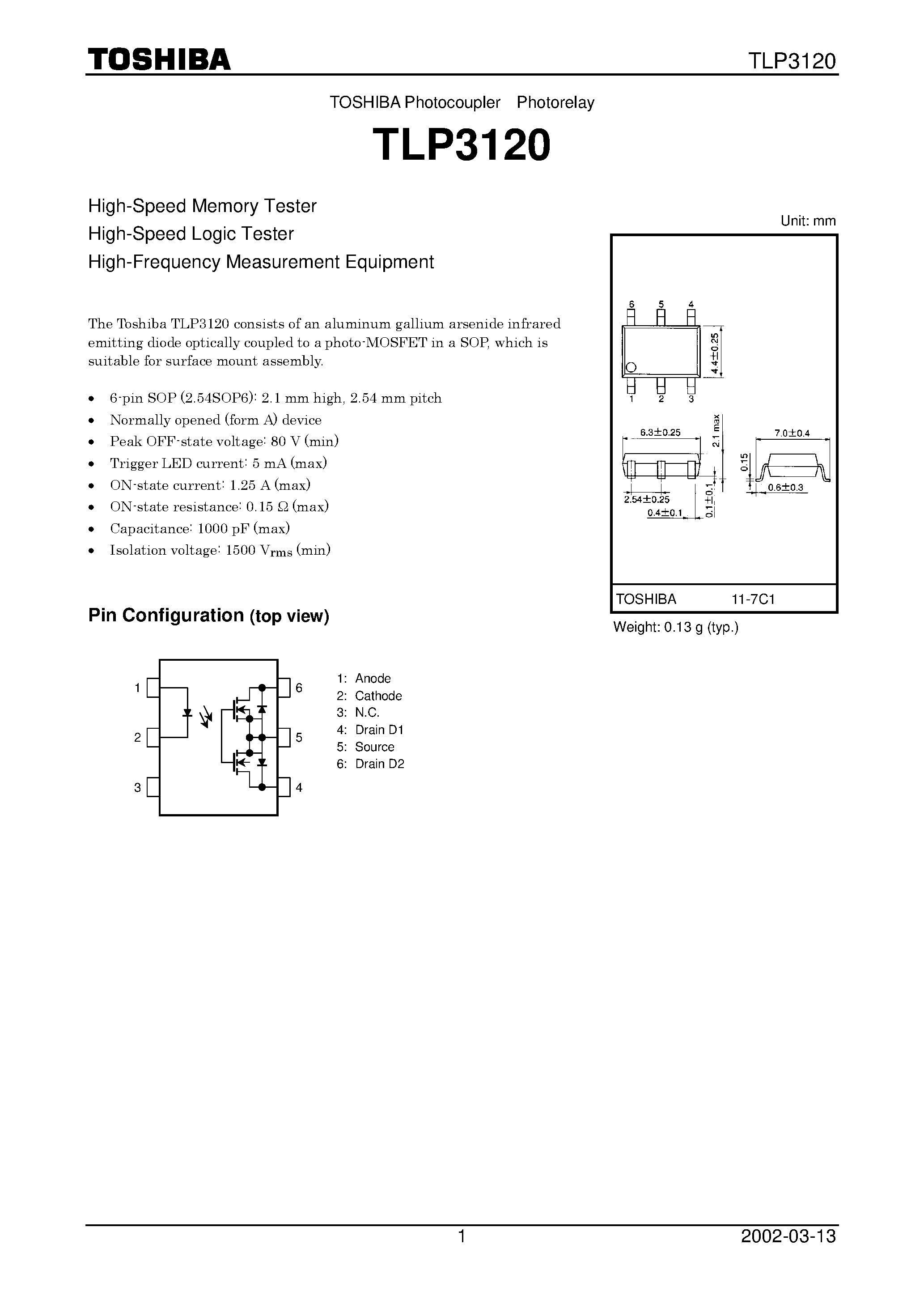 Datasheet TLP3120 page 1 Datasheet TLP3120 - TOSHIBA Photocoupler Photorelay page 1