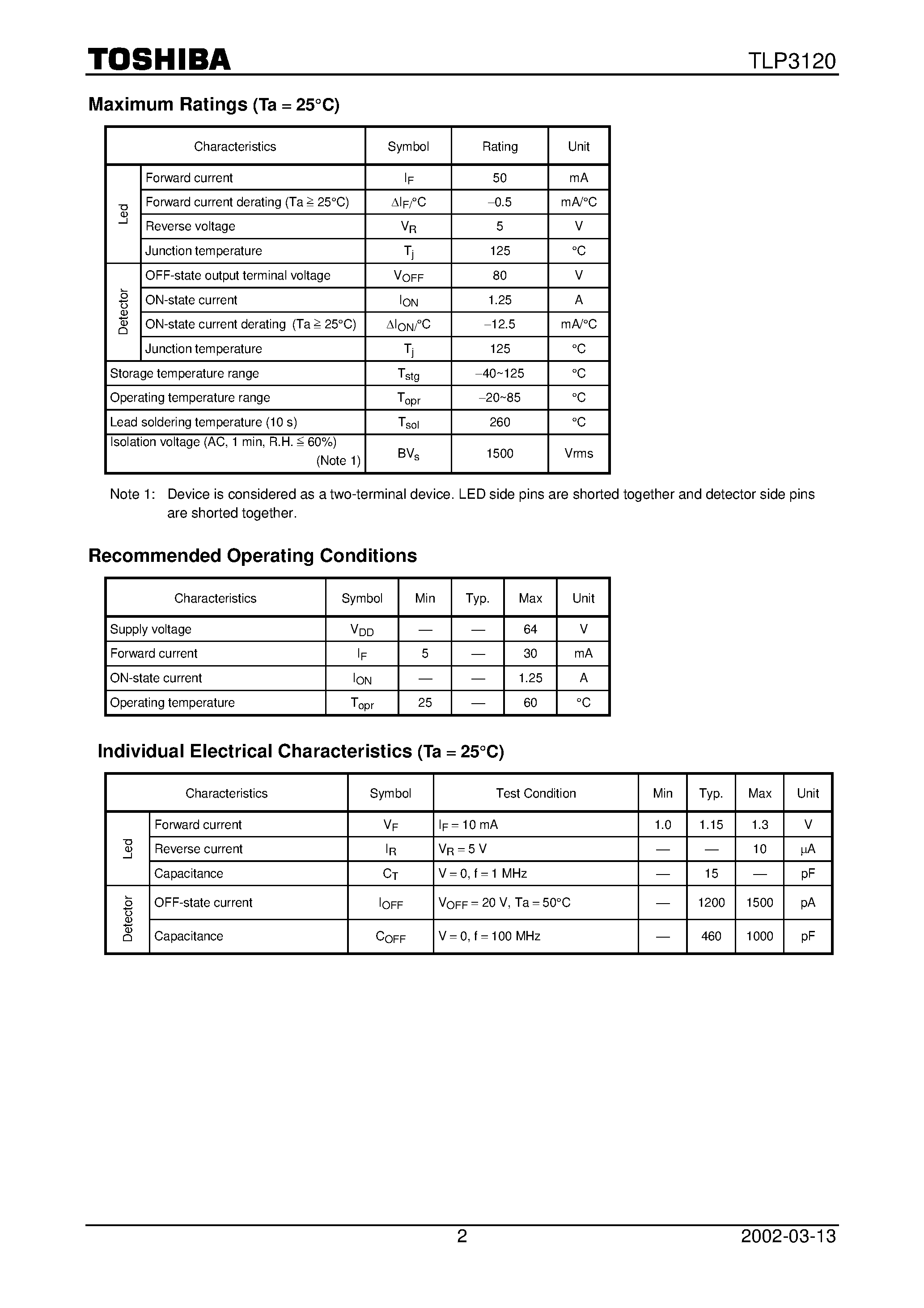 Datasheet TLP3120 page 2 Datasheet TLP3120 - TOSHIBA Photocoupler Photorelay page 2