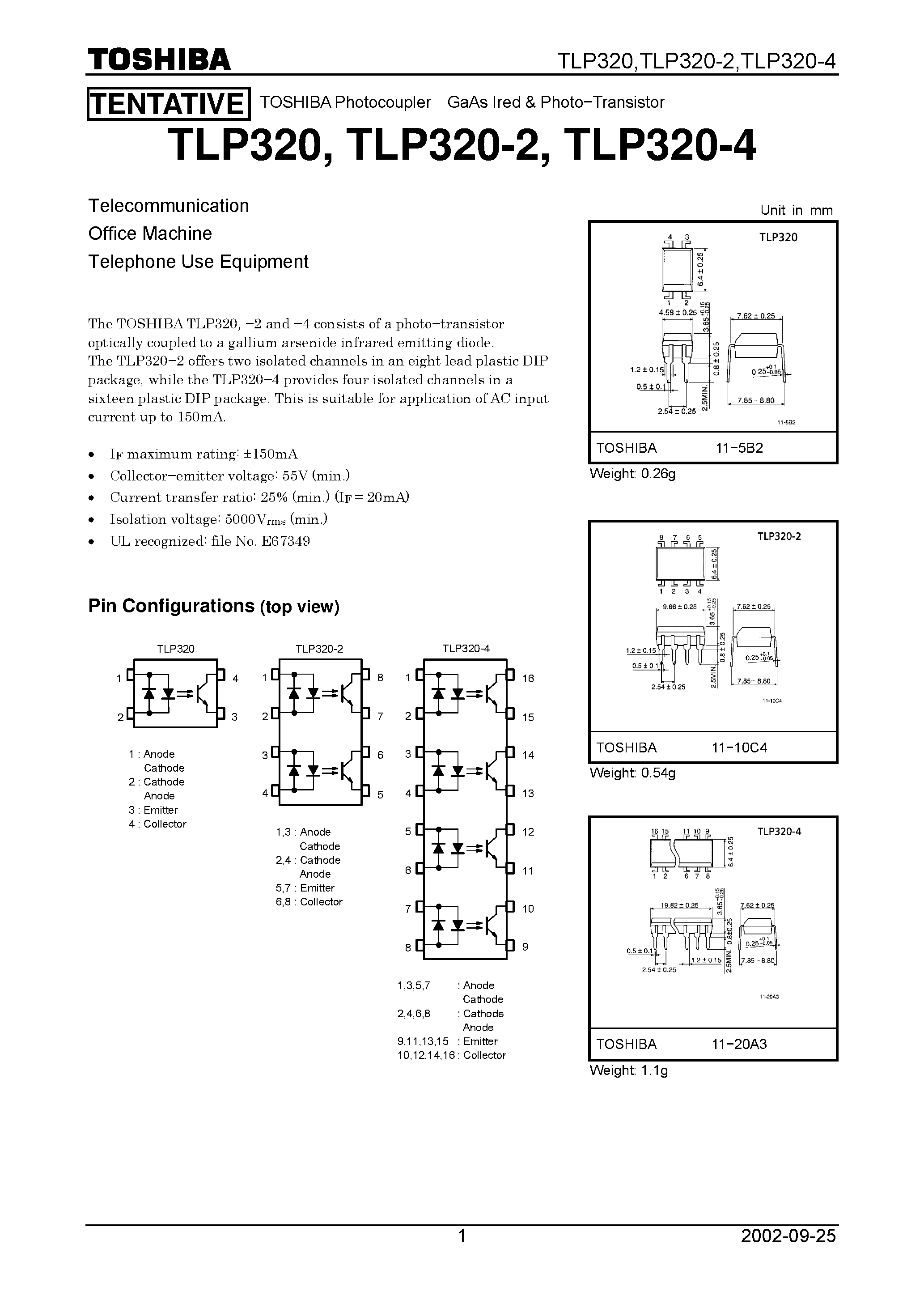 Даташит TLP320 - TOSHIBA Photocoupler GaAs Ired & Photo−Transistor страница 1