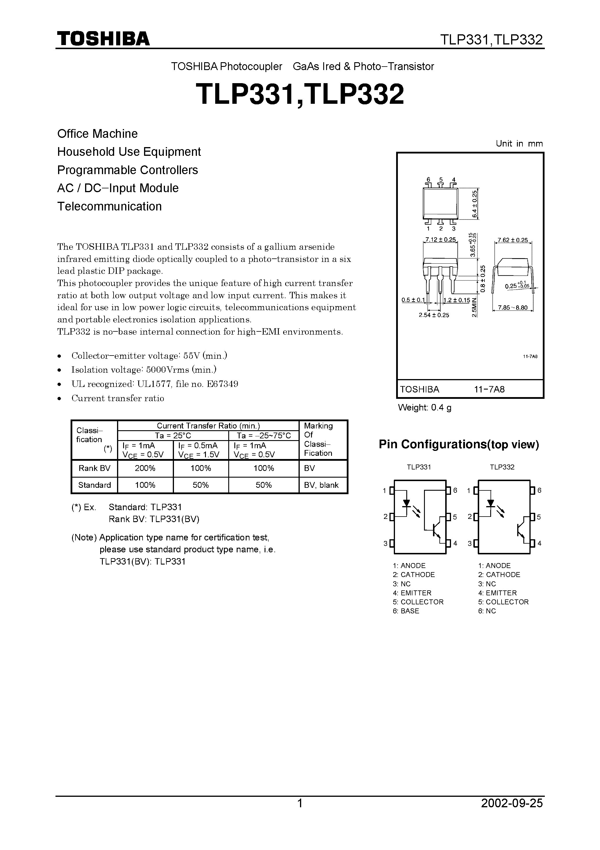 Datasheet TLP331 page 1 Datasheet TLP331 - Office Machine Household Use Equipment Programmable Controllers AC / DC−Input Module Telecommunication page 1