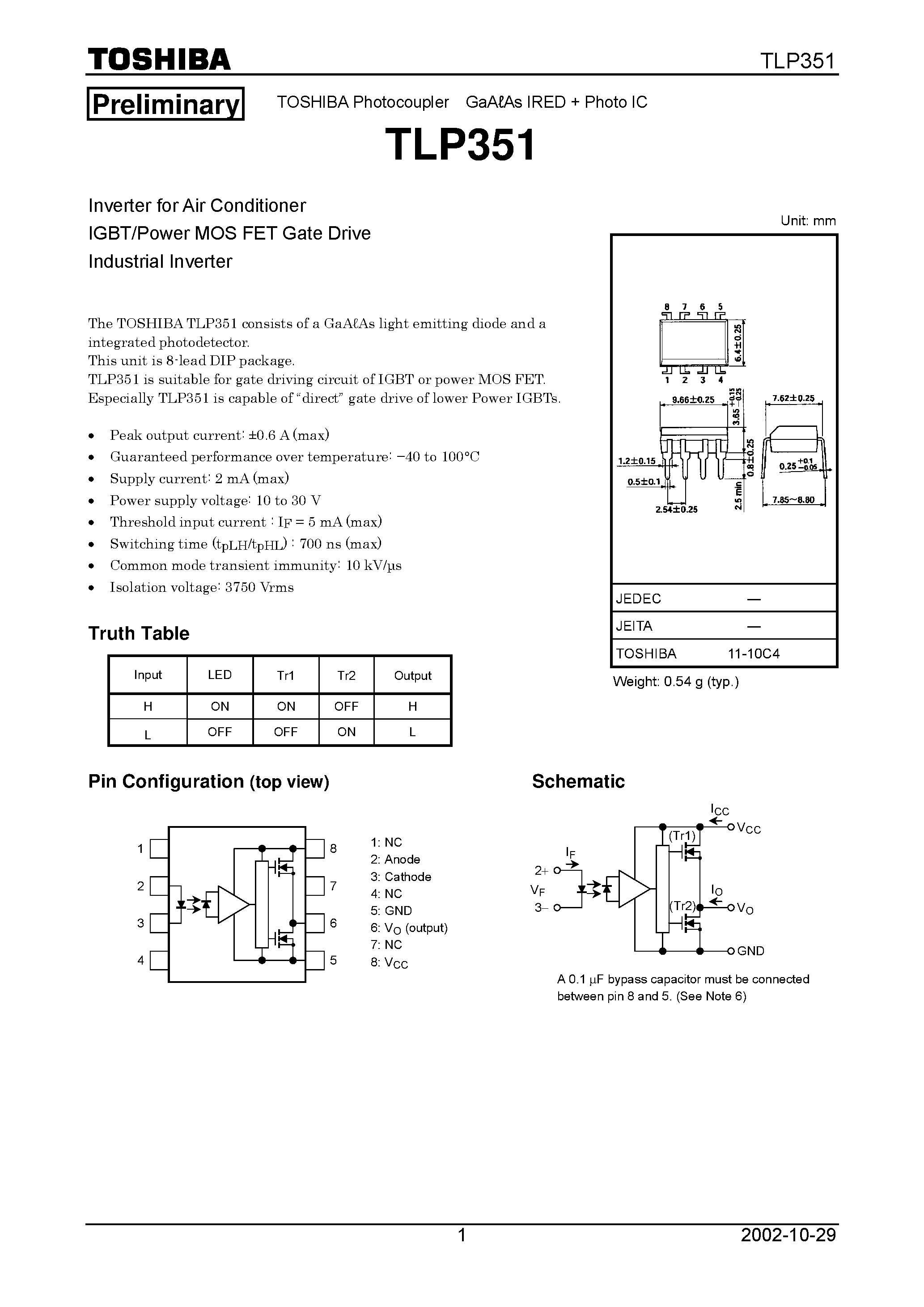 Datasheet TLP351 - TOSHIBA Photocoupler GaAAs IRED + Photo IC page 1