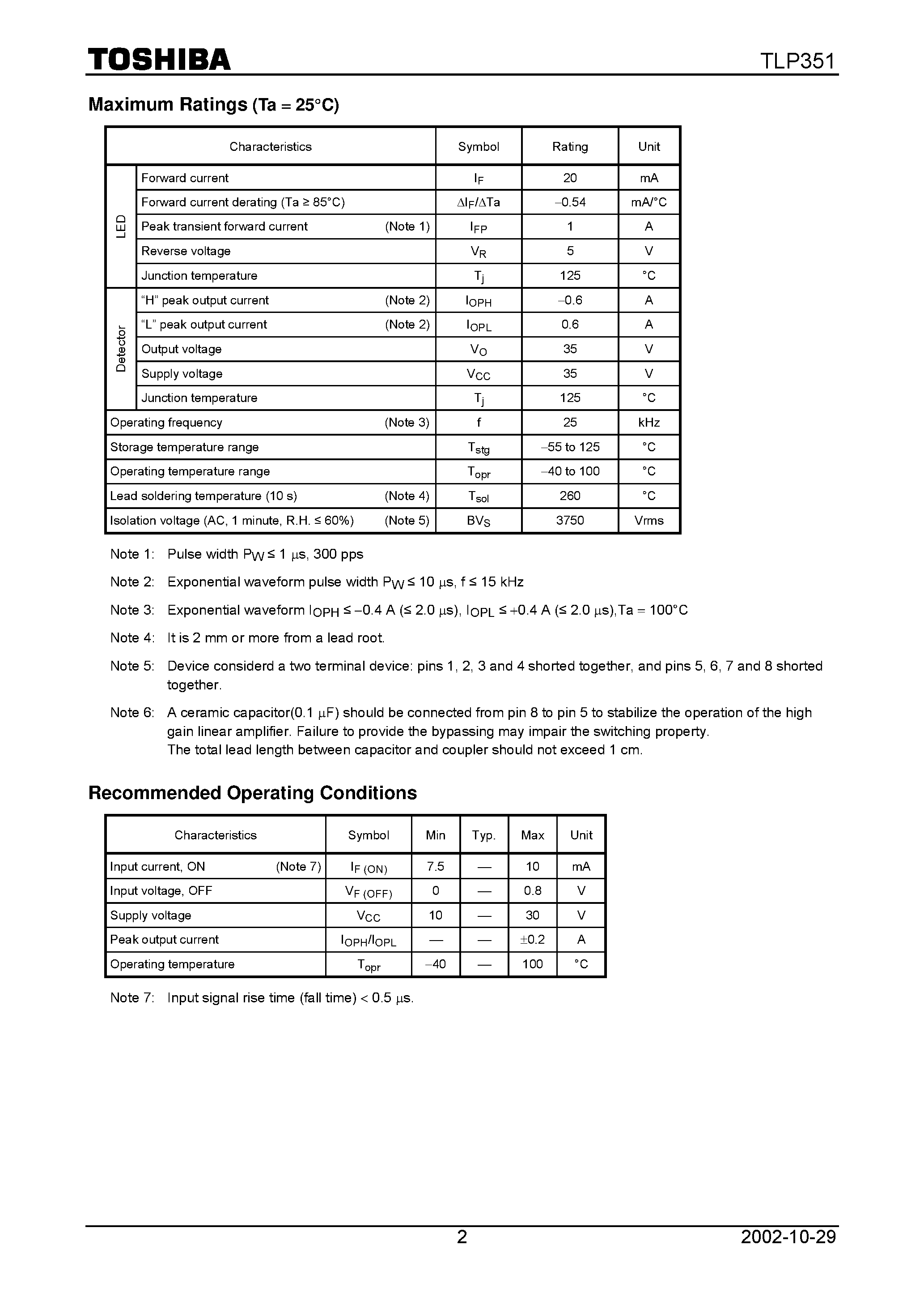 Datasheet TLP351 - TOSHIBA Photocoupler GaAAs IRED + Photo IC page 2