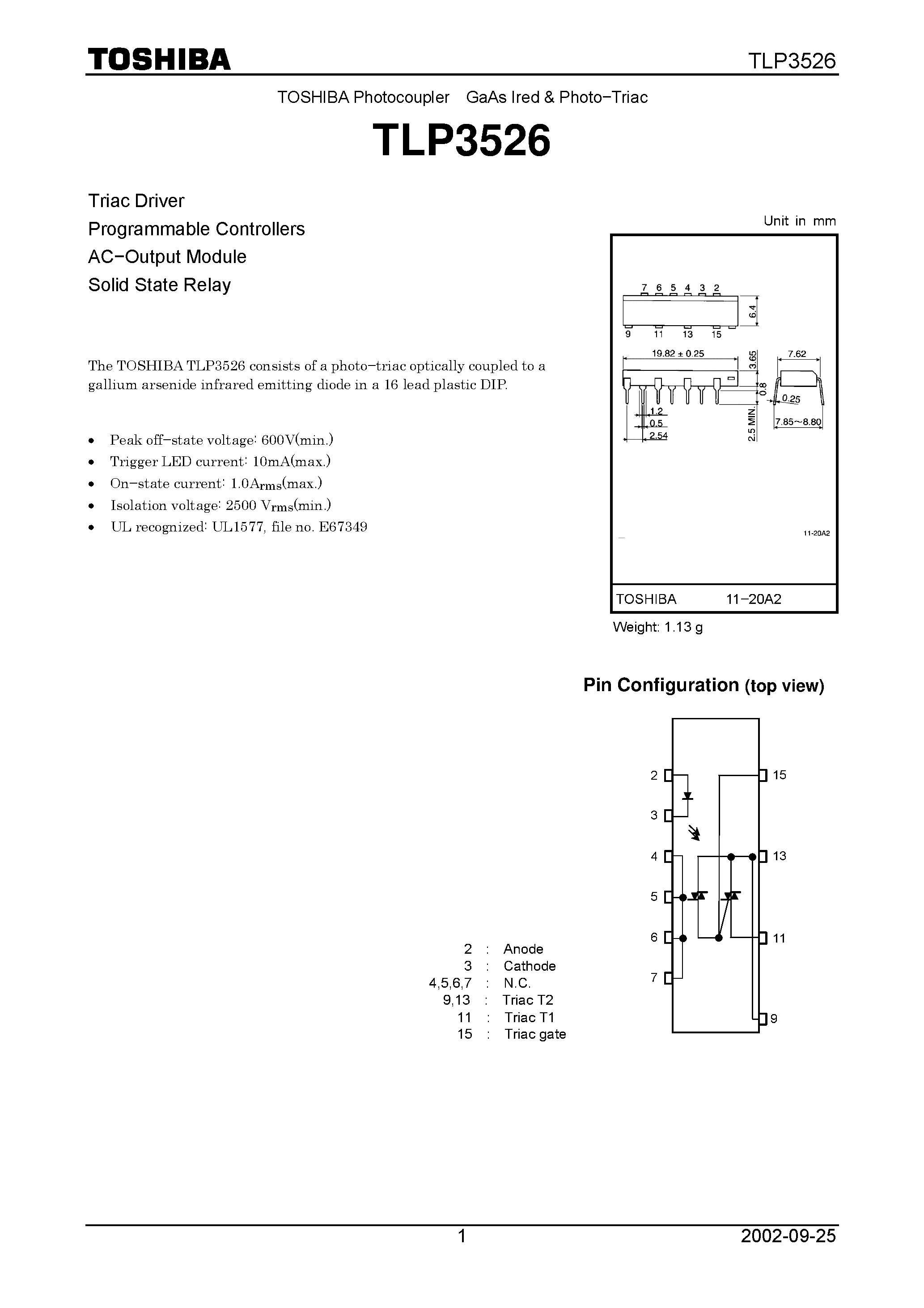 Даташит TLP3526 - TOSHIBA Photocoupler GaAs Ired & Photo−Triac страница 1
