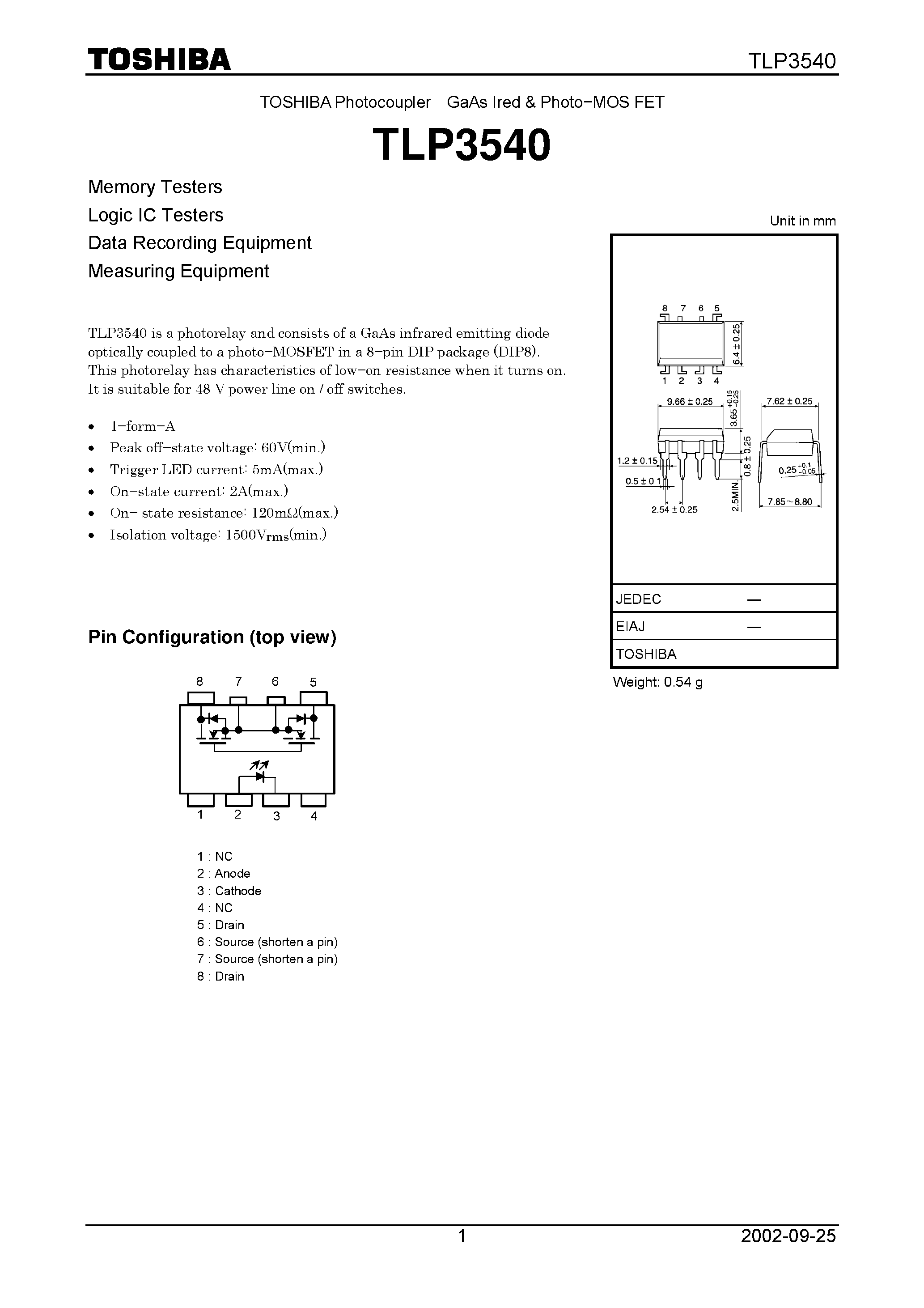 Даташит TLP3540 - TOSHIBA Photocoupler GaAs Ired & Photo−MOS FET страница 1