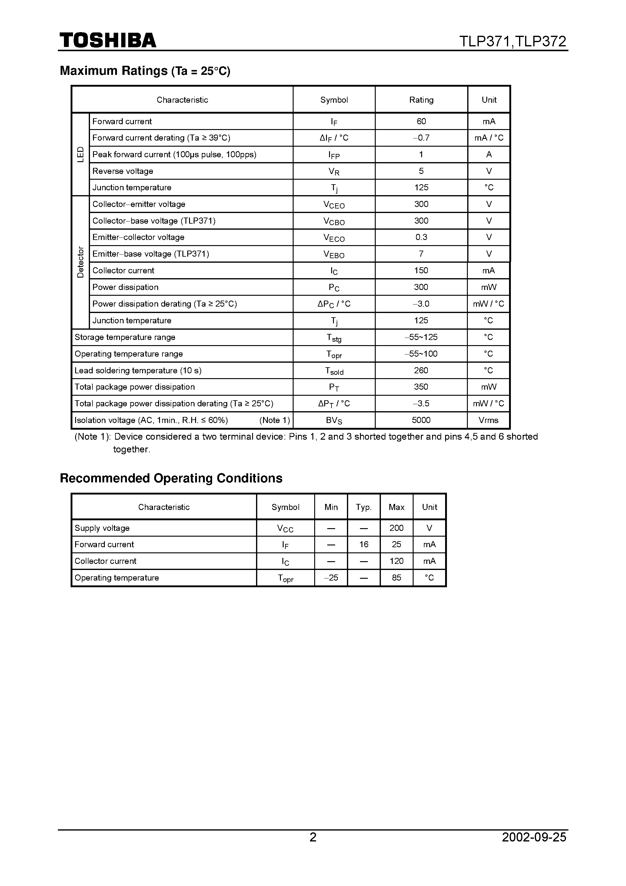 Datasheet TLP371 page 2 Datasheet TLP371 - TOSHIBA Photocoupler GaAs Ired & Photo−Transistor page 2