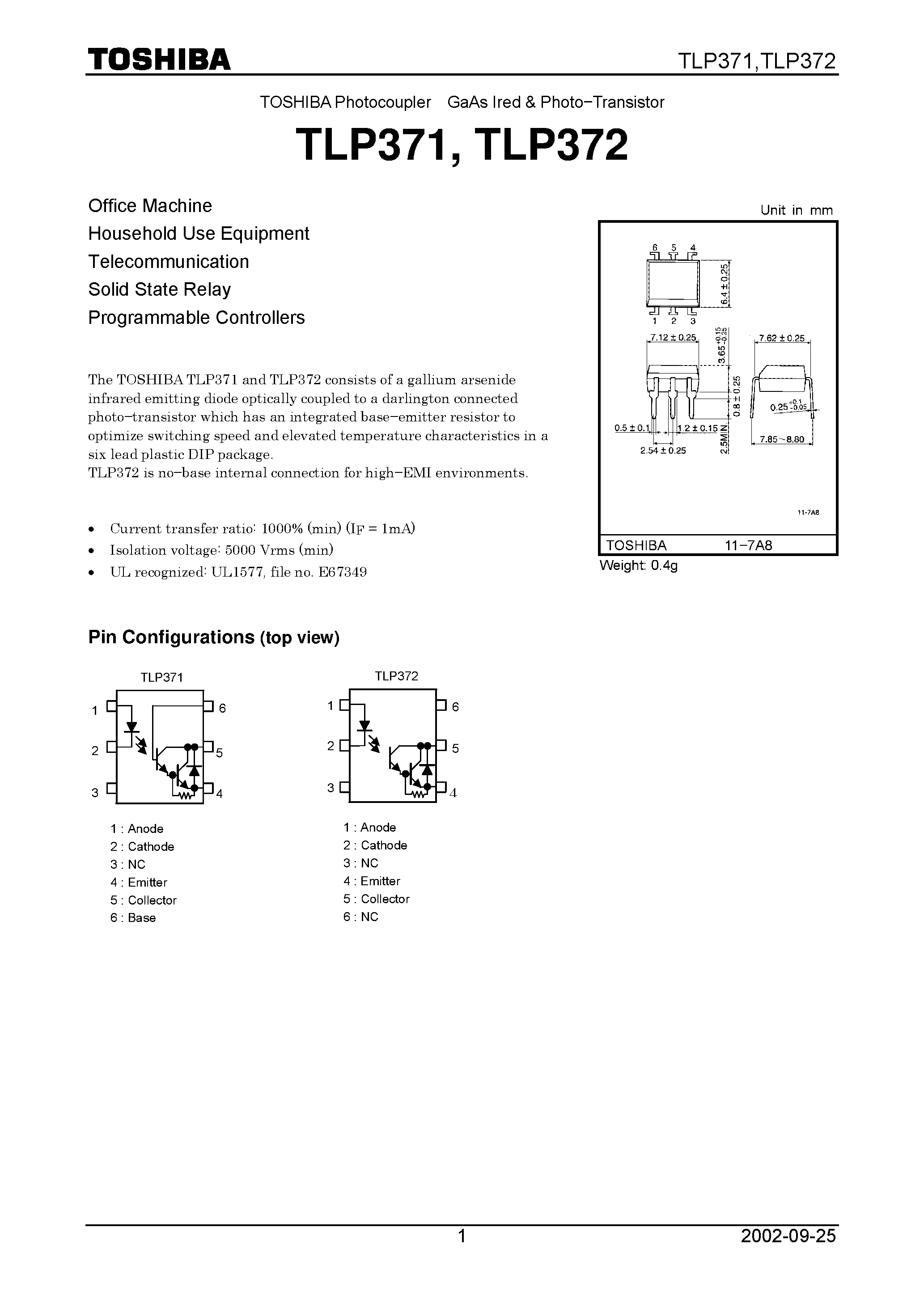 Даташит TLP372 - TOSHIBA Photocoupler GaAs Ired & Photo−Transistor страница 1