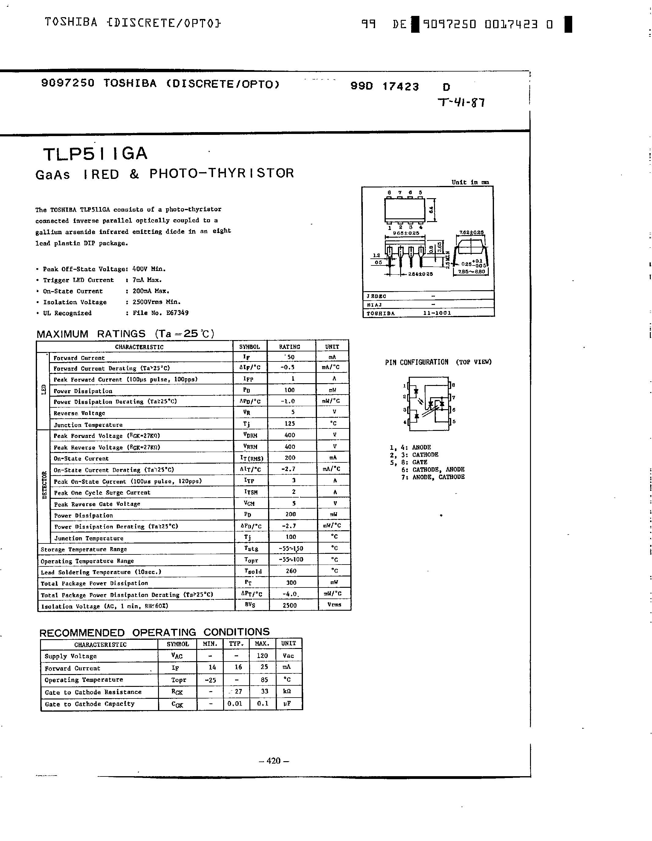 Datasheet TLP511GA - gaas ired & photo-thyristor page 1