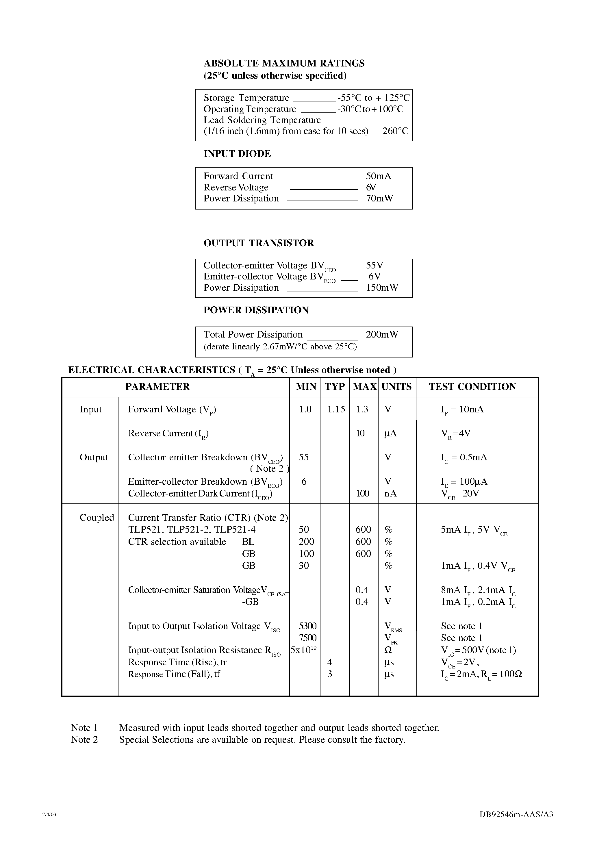 Datasheet TLP521 - HIGH DENSITY MOUNTING PHOTOTRANSISTOR OPTICALLY COUPLED ISOLATORS page 2