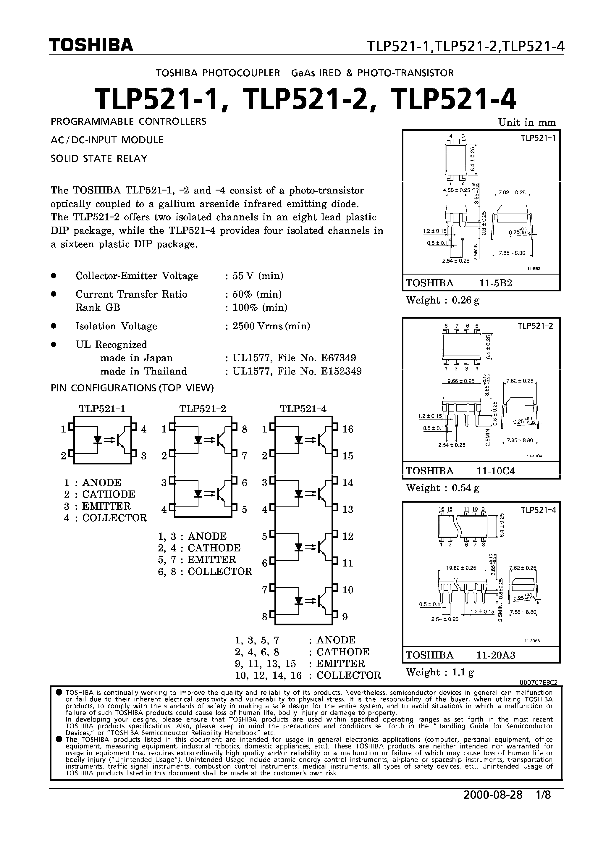 Datasheet TLP521-1 - programmable controllers ac/dc-input module solid state relay page 1