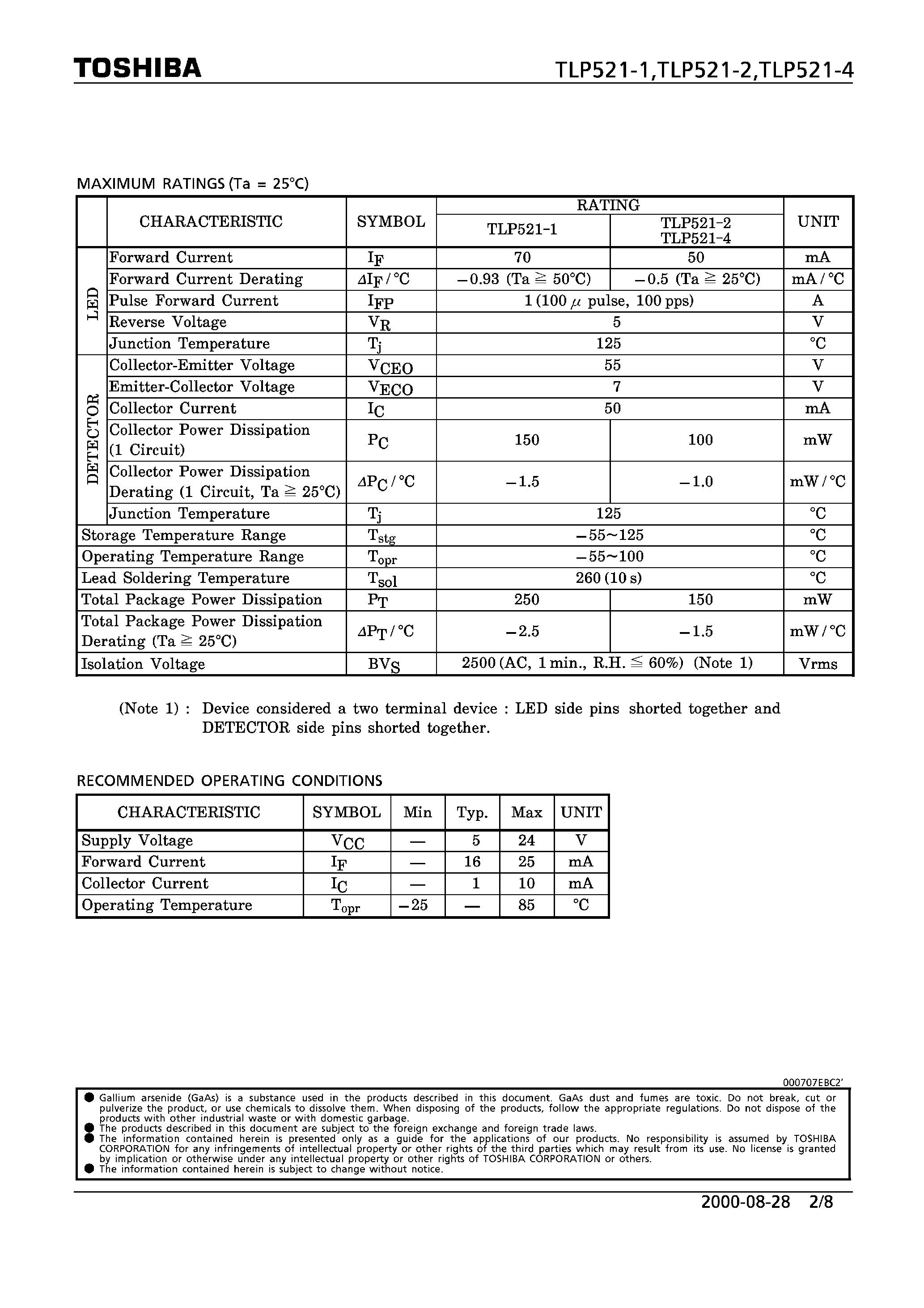 Datasheet TLP521-1 - programmable controllers ac/dc-input module solid state relay page 2