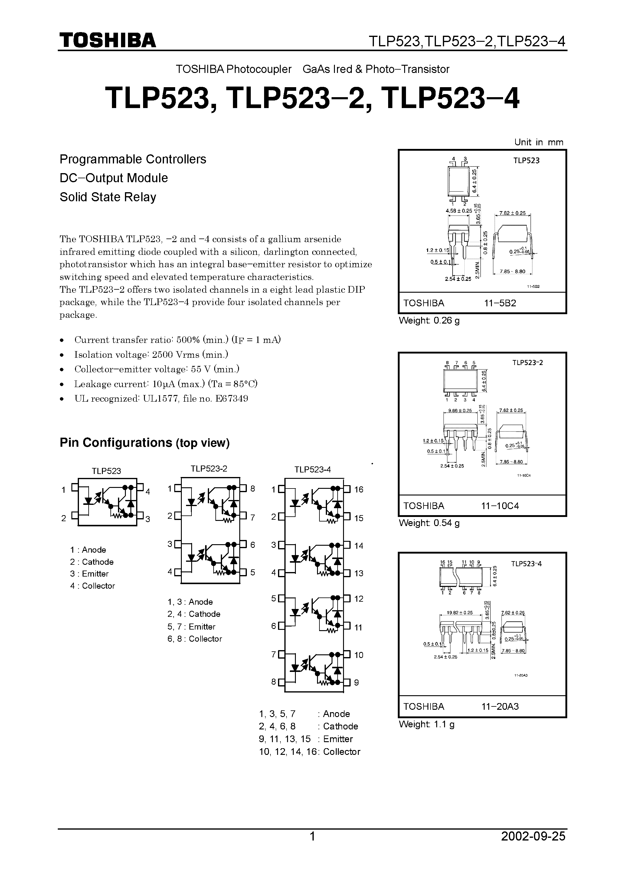 Даташит TLP523-2 - programmable controllers dc-output module solid state relay страница 1
