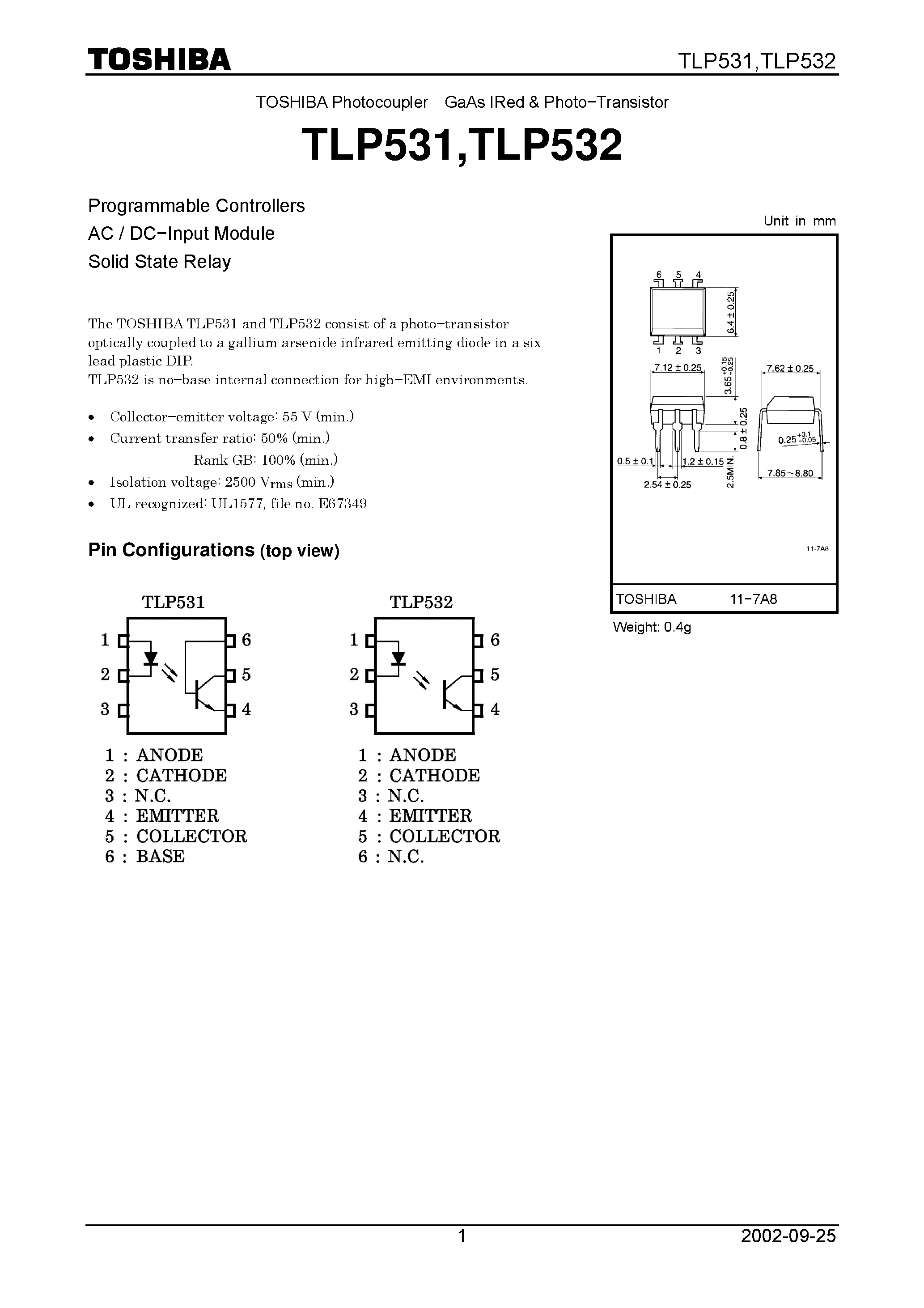 Даташит TLP532 - Programmable Controllers AC / DC-Input Module Solid State Relay страница 1