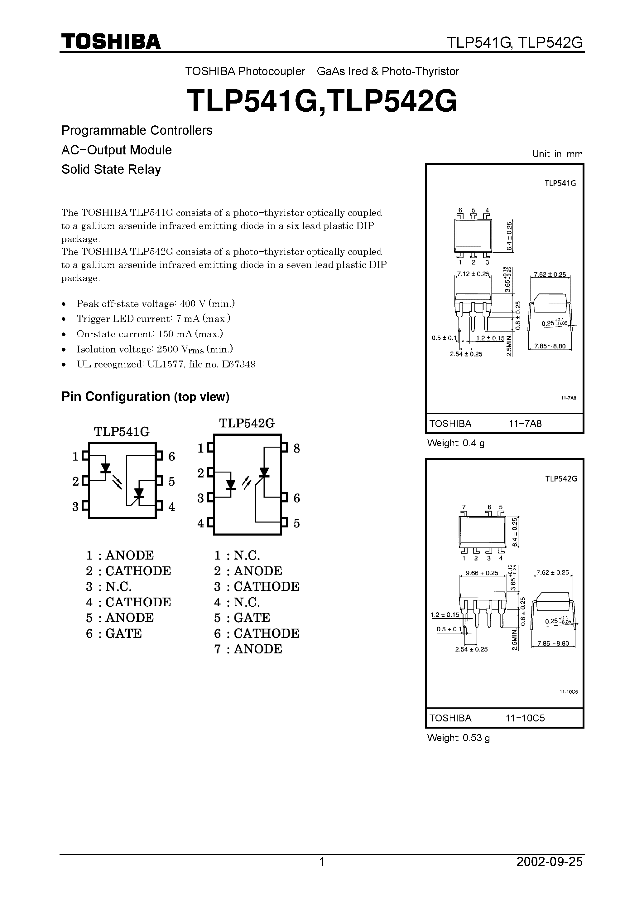 Даташит на микросхему TLP541G страница 1 Даташит TLP541G - Programmable Controllers AC.Output Module Solid State Relay страница 1