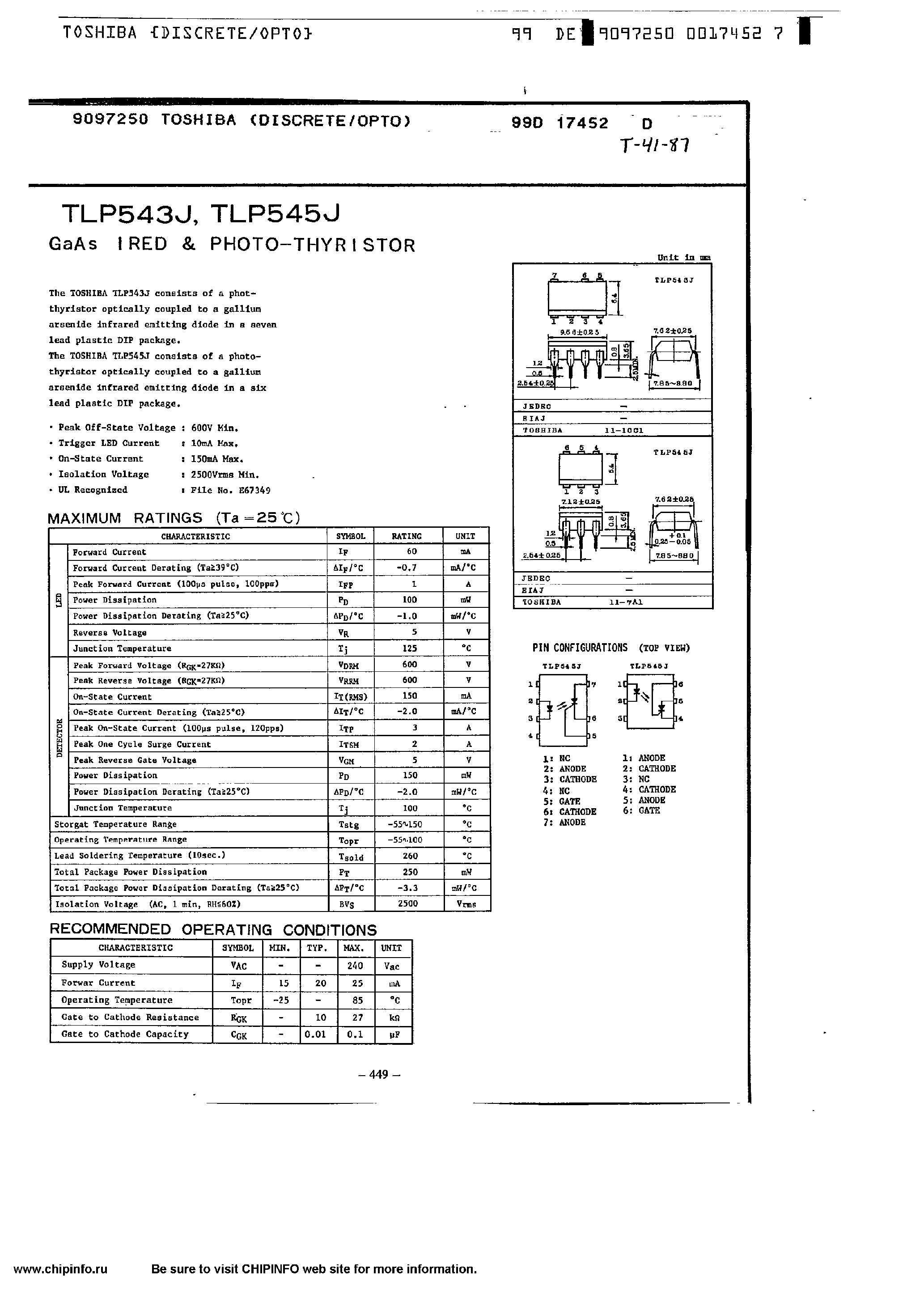 Даташит TLP545J - gaas ired & photo-thyristor страница 1