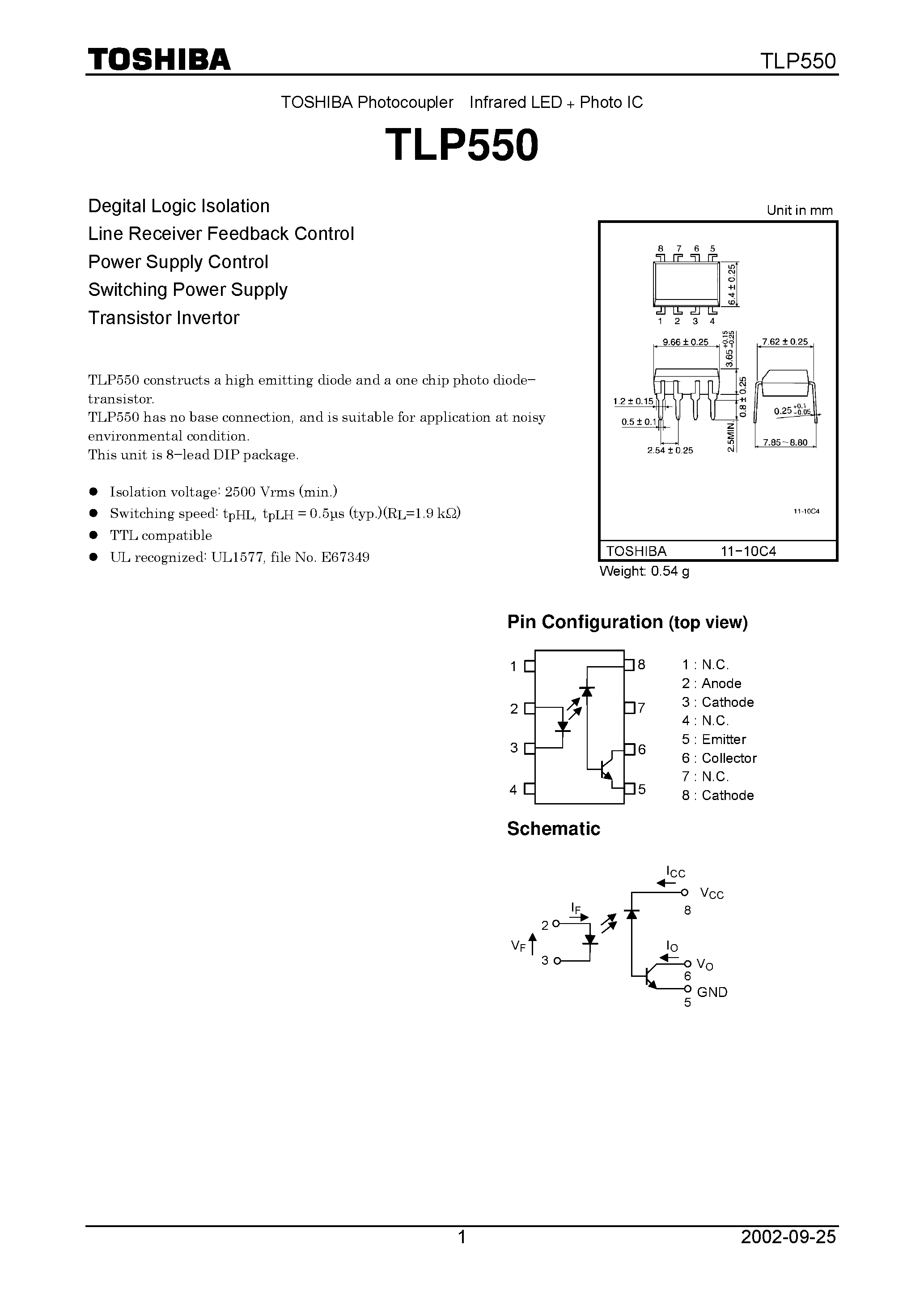 Даташит TLP550 - TOSHIBA Photocoupler Infrared LED + Photo IC страница 1