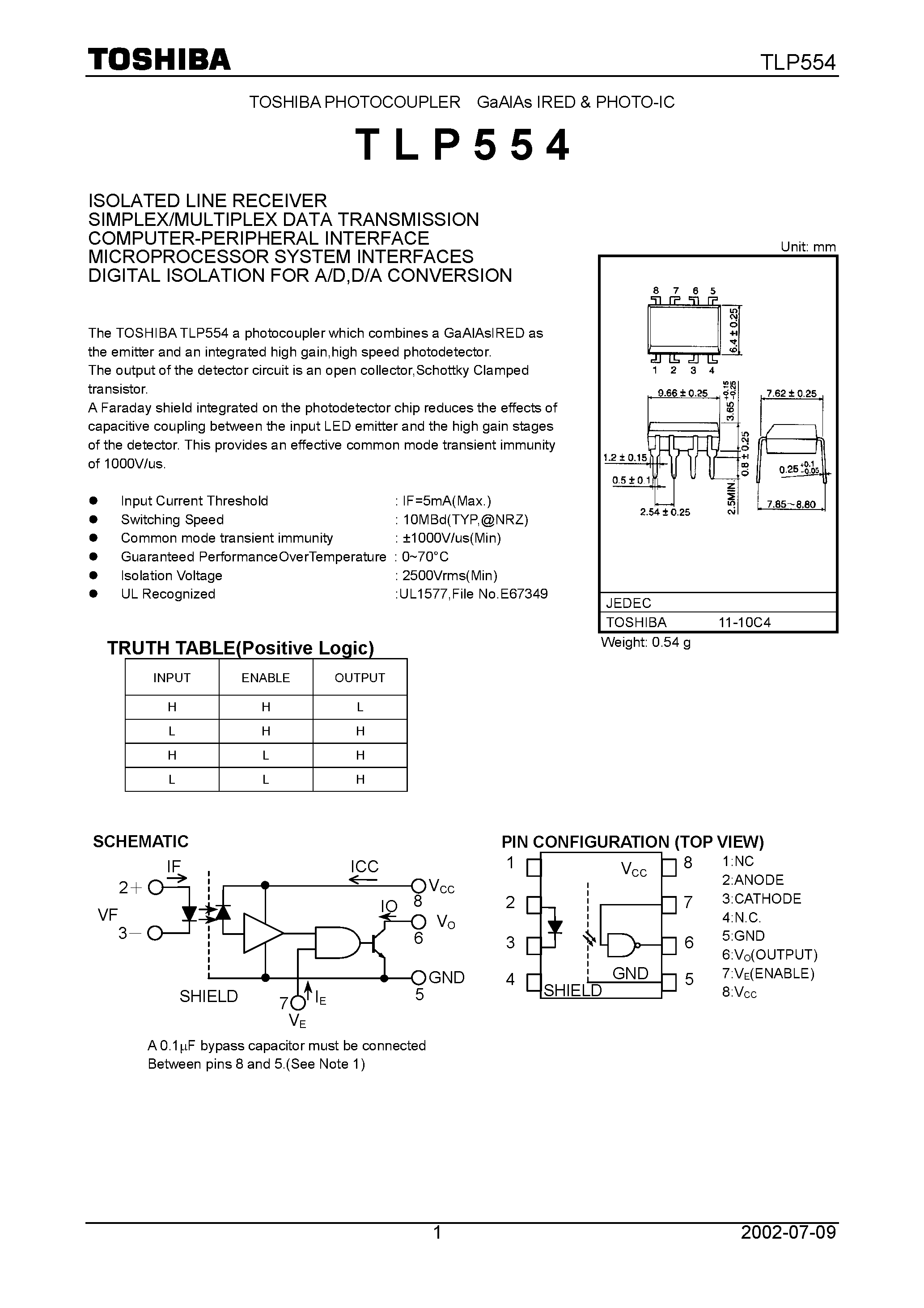 Даташит TLP554 - TOSHIBA PHOTOCOUPLER GaAlAs IRED & PHOTO-IC страница 1