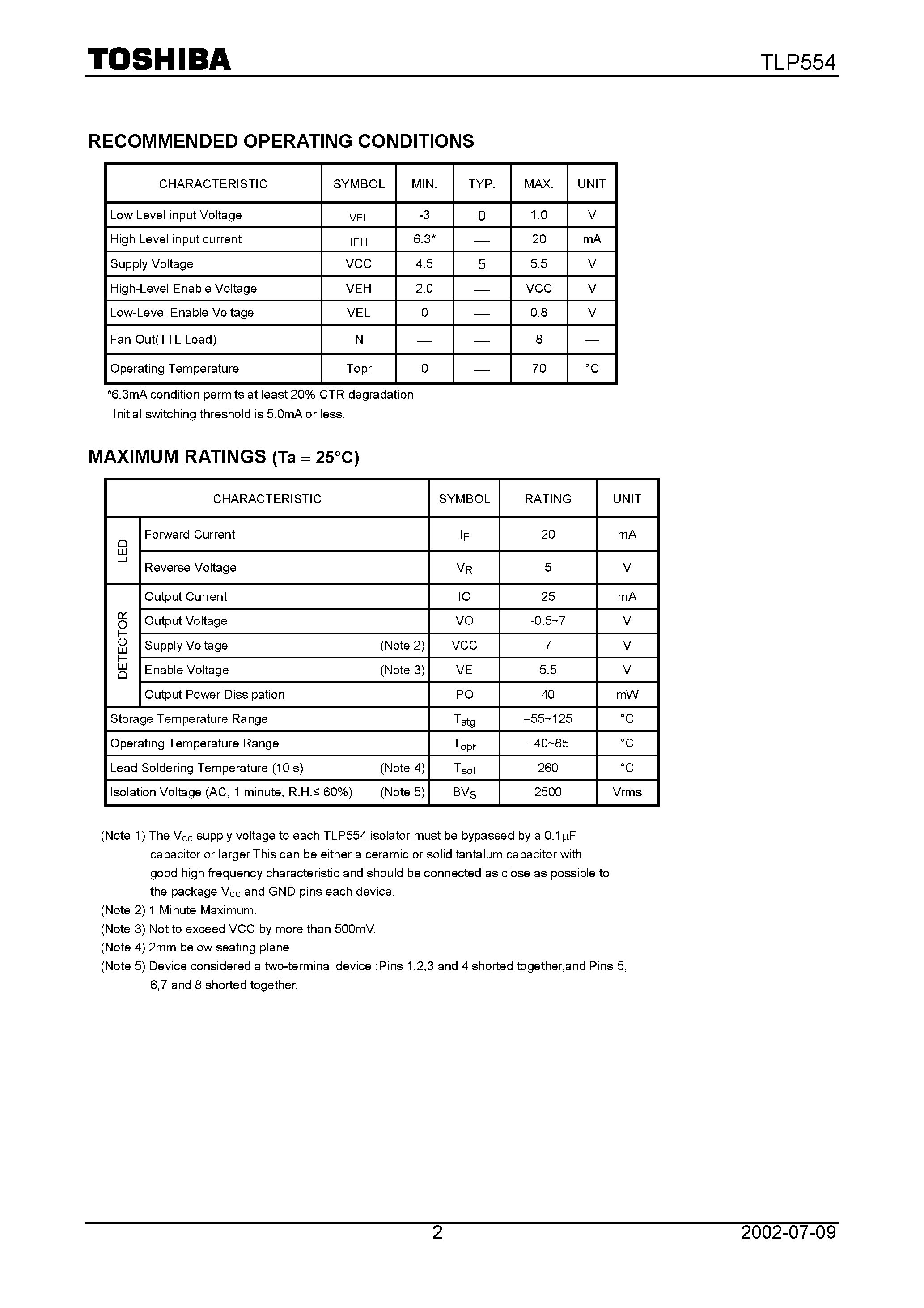 Даташит TLP554 - TOSHIBA PHOTOCOUPLER GaAlAs IRED & PHOTO-IC страница 2