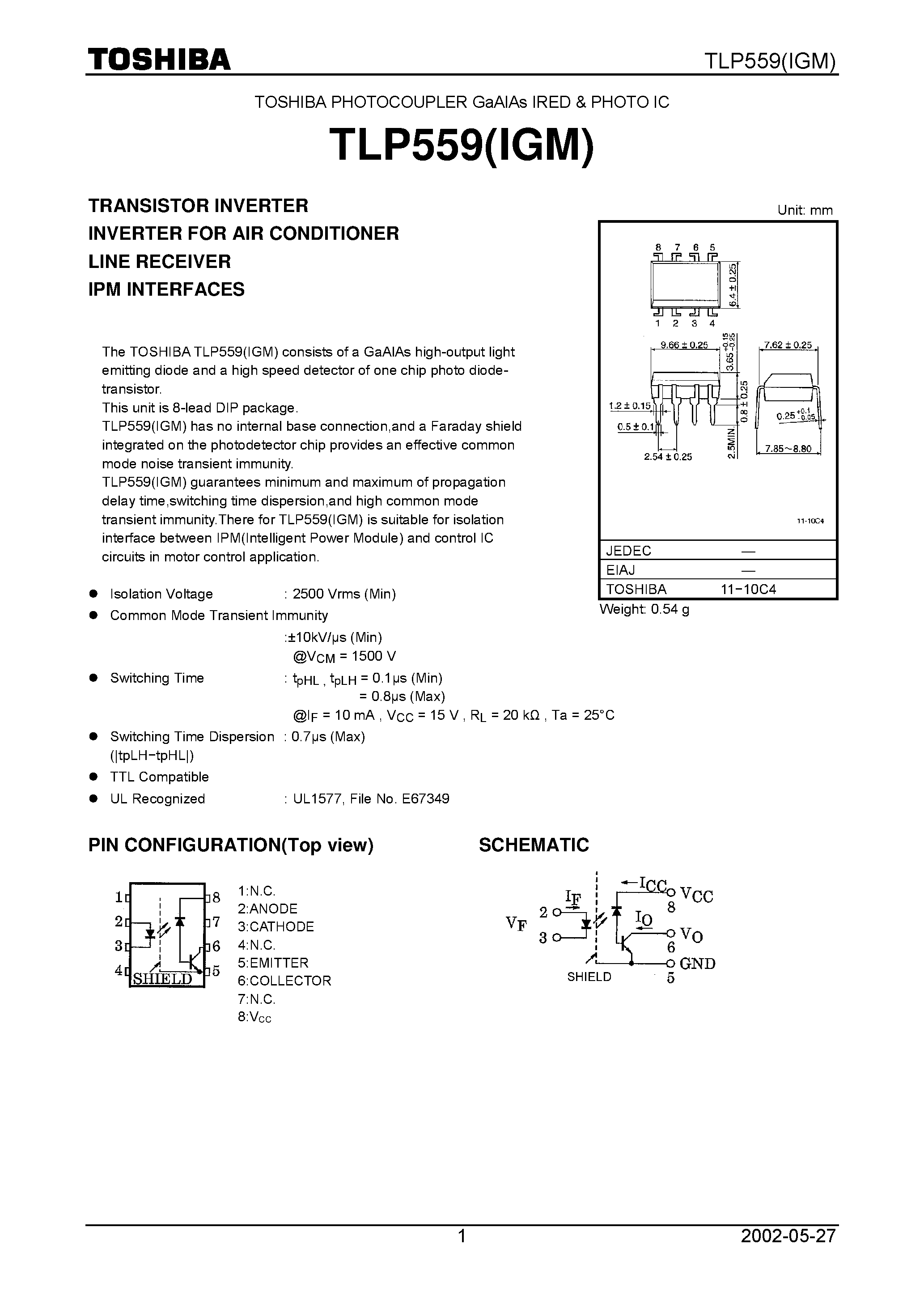 Даташит на микросхему TLP559 страница 1 Даташит TLP559 - Digital Logic Ground Isolation Line Receiver Microprocessor System Interfaces Switching Power Supply Feedback Control Transistor Invertor страница 1