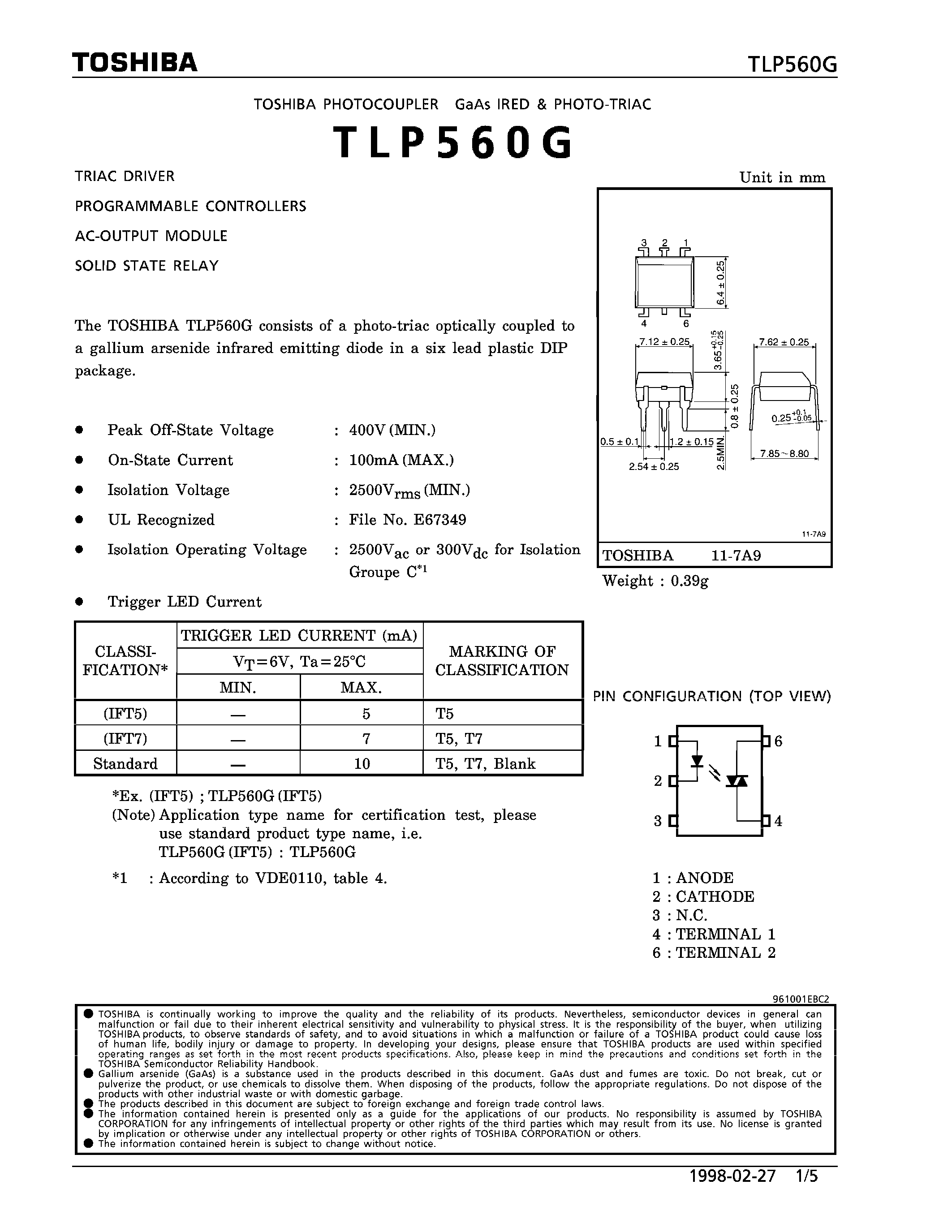 Даташит на микросхему TLP560 страница 1 Даташит TLP560 - TRIAC DRIVER PROGRAMMABLE CONTROLLERS AC-OUTPUT MODULE SOLID STATE RELAY страница 1