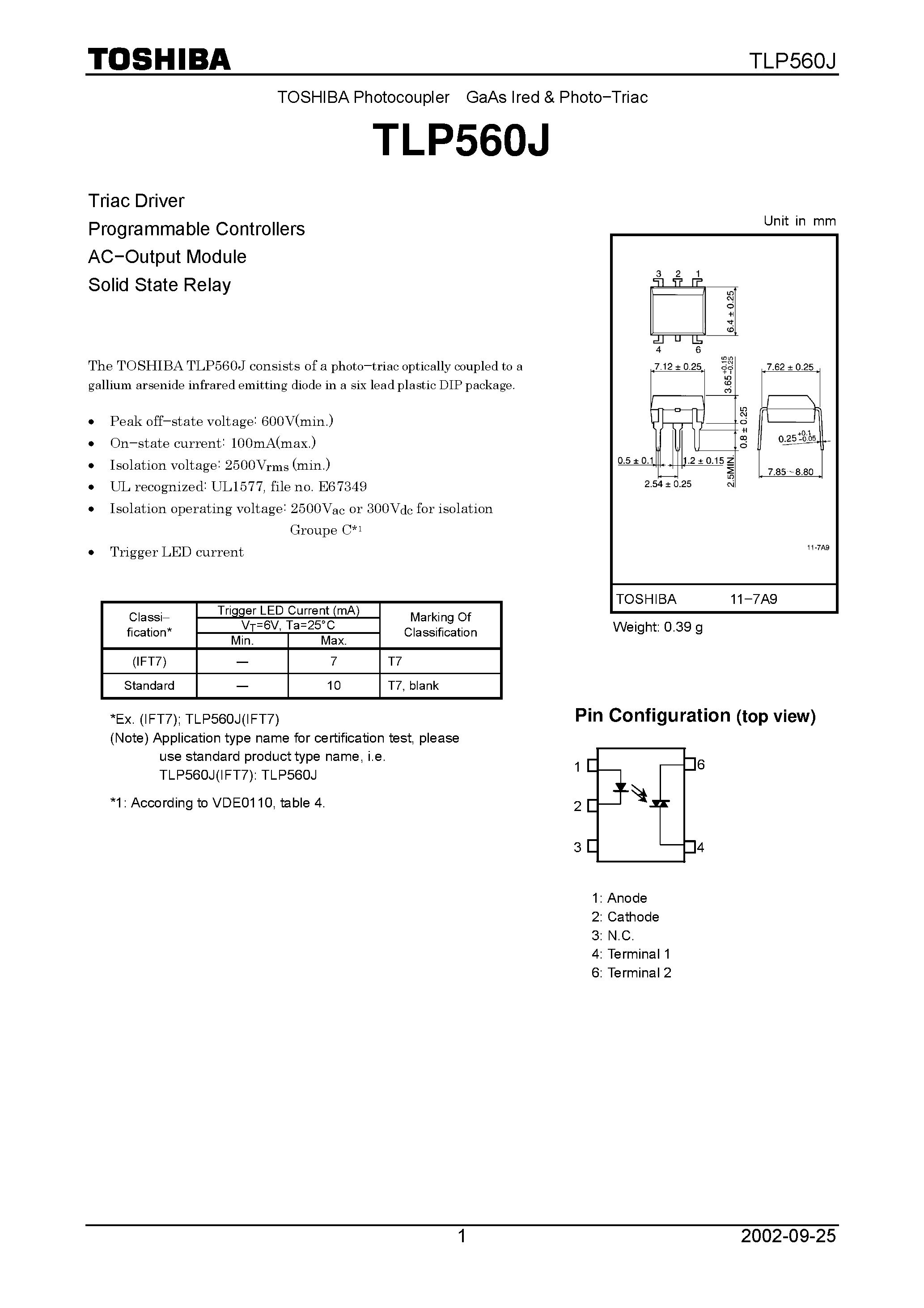 Даташит на микросхему TLP560J страница 1 Даташит TLP560J - Triac Driver Programmable Controllers AC.Output Module Solid State Relay страница 1