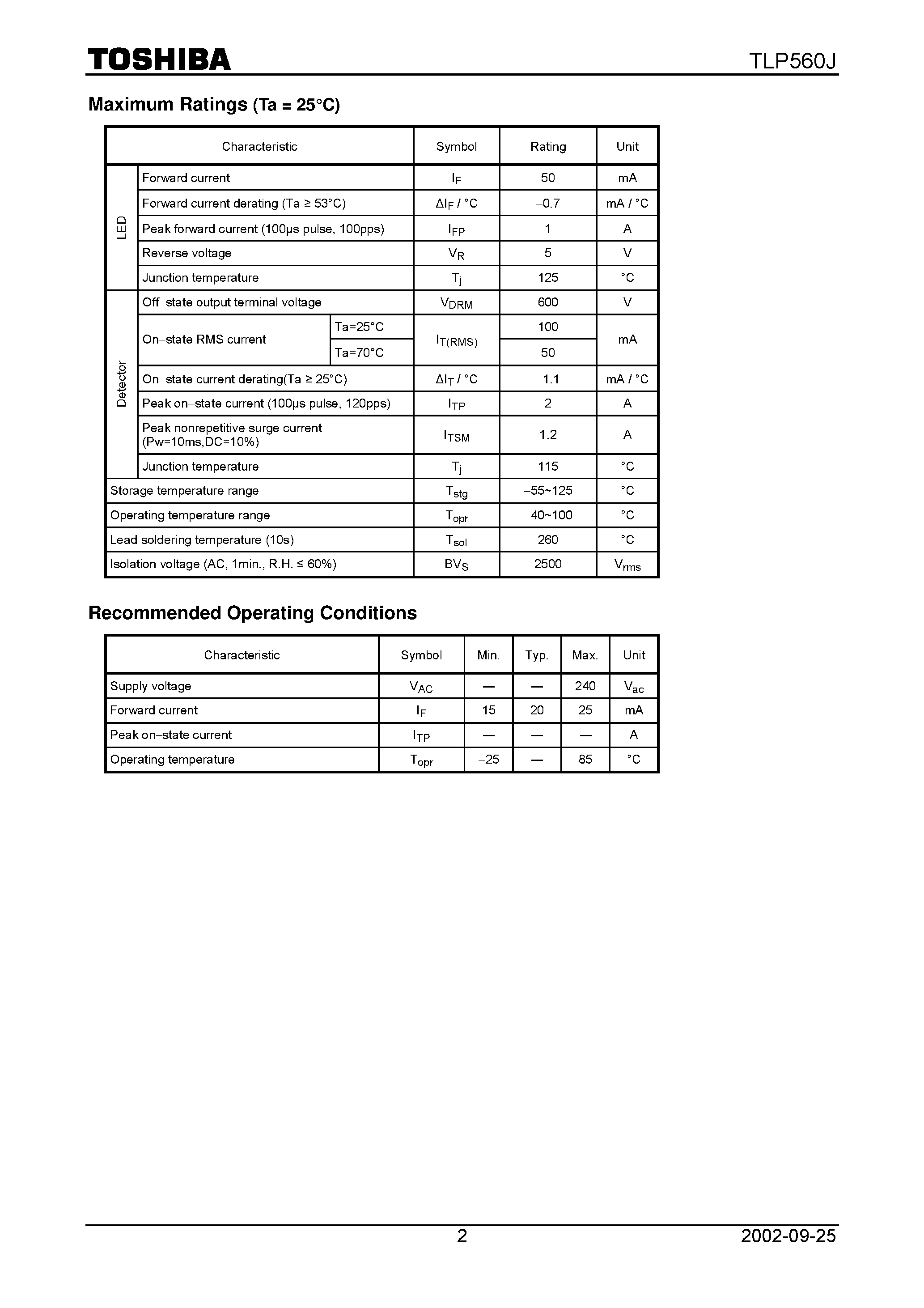 Даташит на микросхему TLP560J страница 2 Даташит TLP560J - Triac Driver Programmable Controllers AC.Output Module Solid State Relay страница 2
