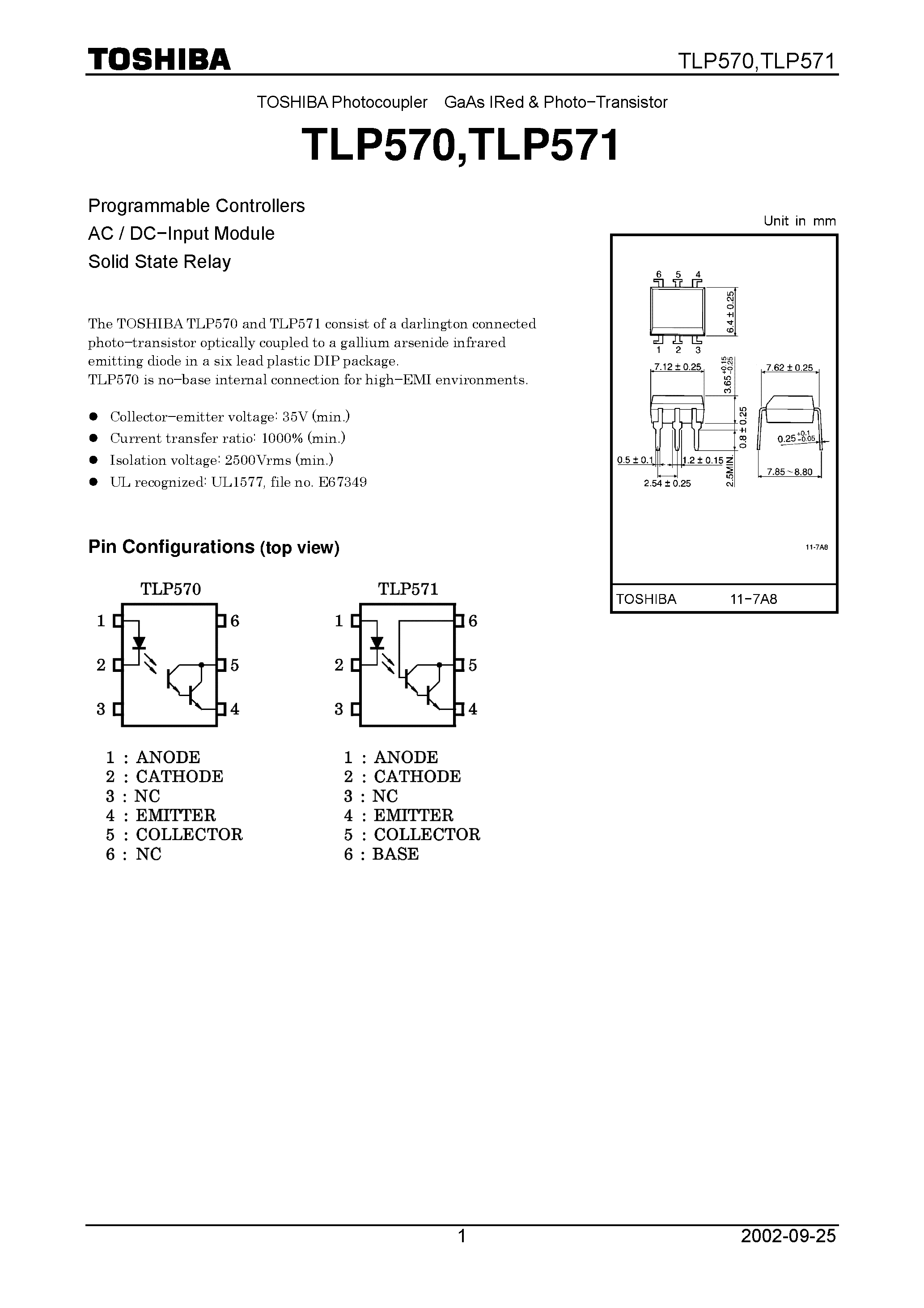 Даташит TLP570 - Programmable Controllers AC / DC.Input Module Solid State Relay страница 1