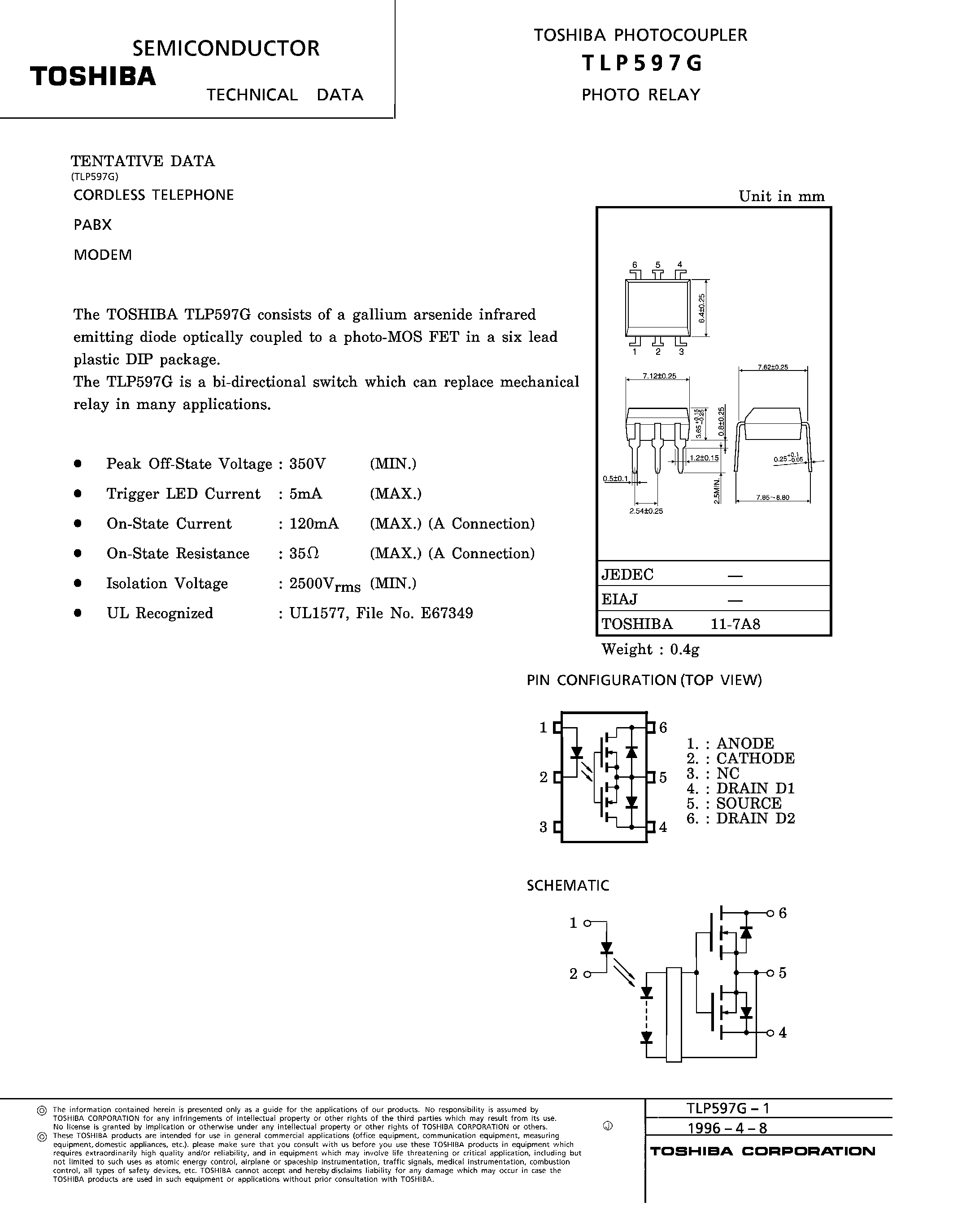 Даташит TLP597G - PHOTO RELAY страница 1